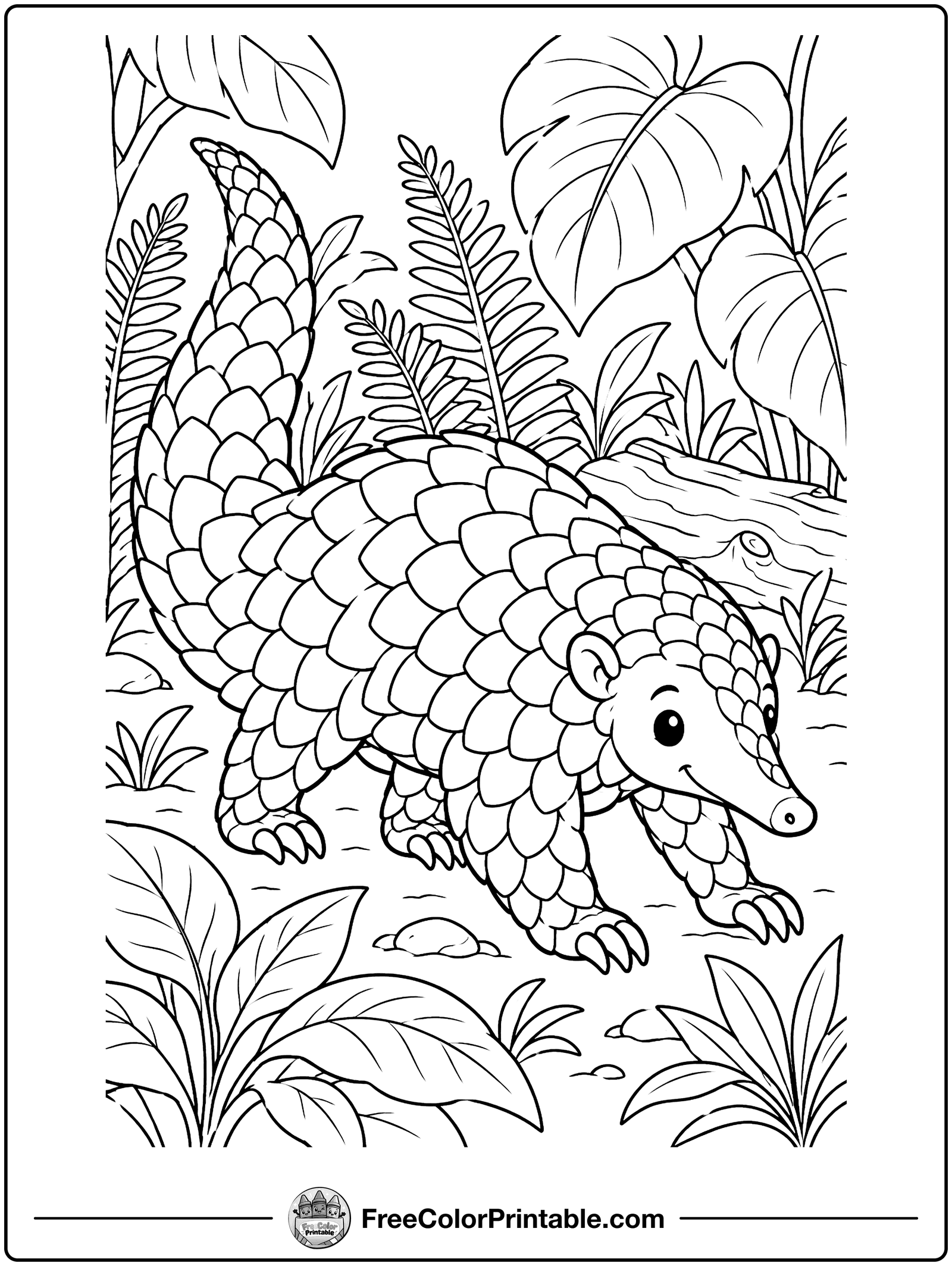 Cute Pangolin in the Leaves Coloring Page — free color printable