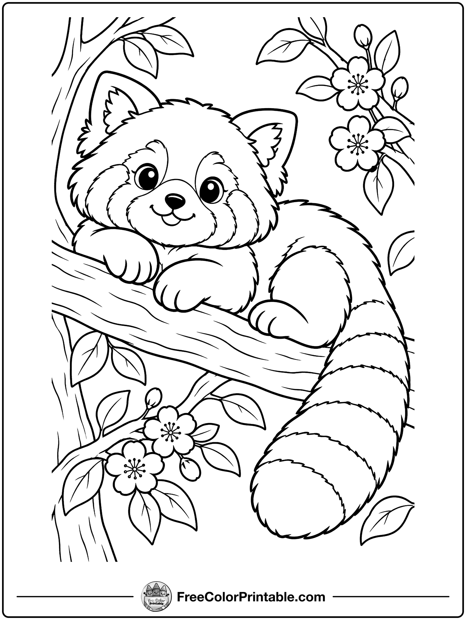 Red Panda in a Tree Coloring Page — free color printable