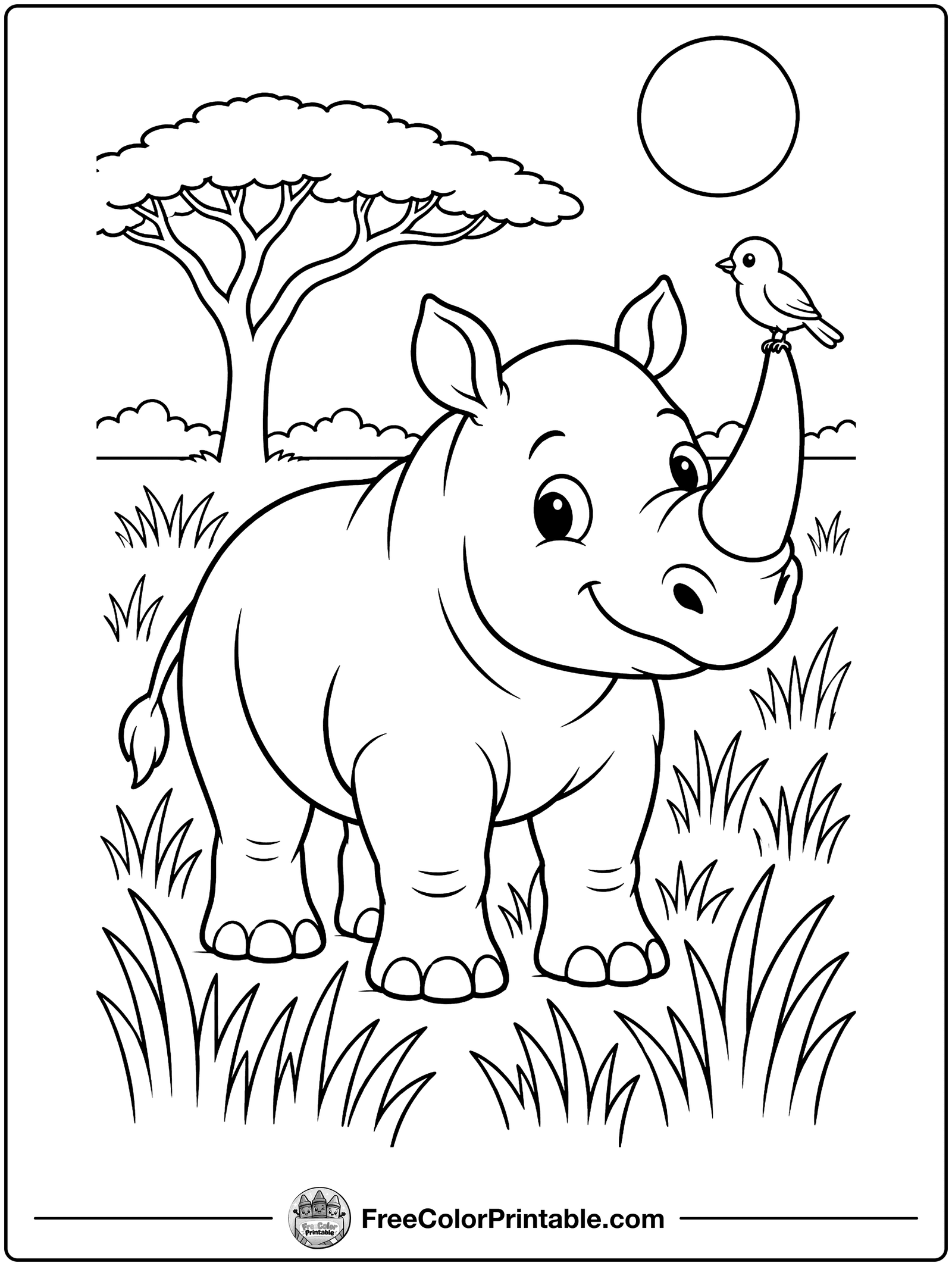 Rhino with a Bird Friend Coloring Page — free color printable