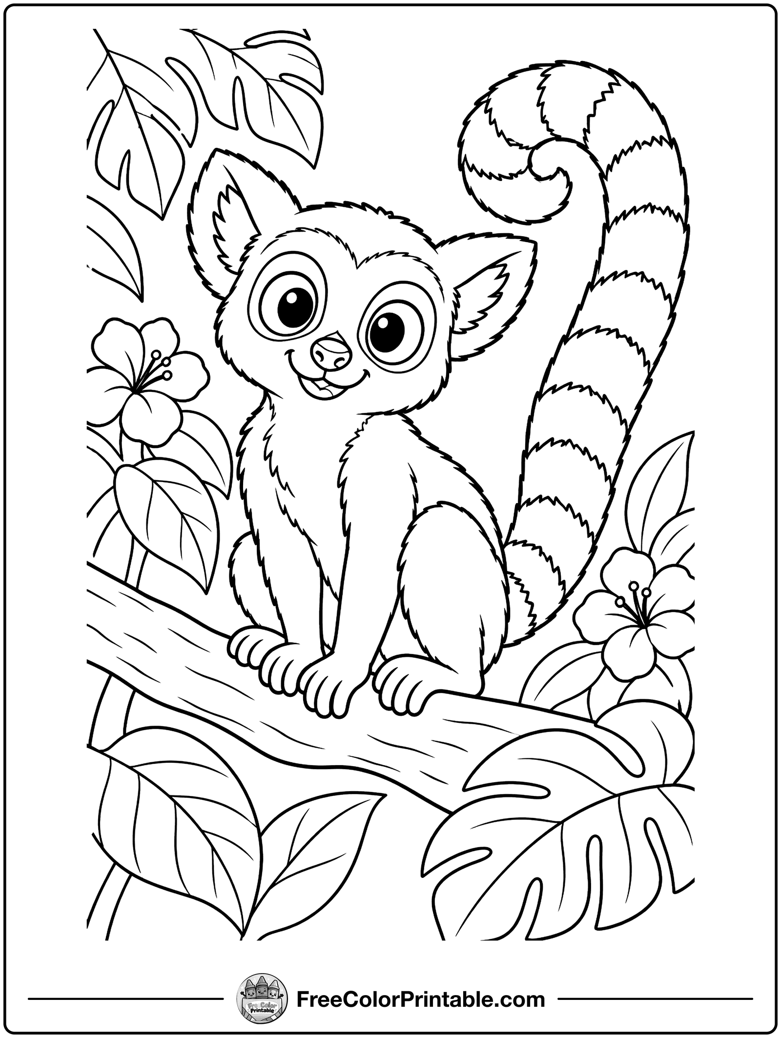 Ring-Tailed Lemur on a Branch Coloring Page — free color printable