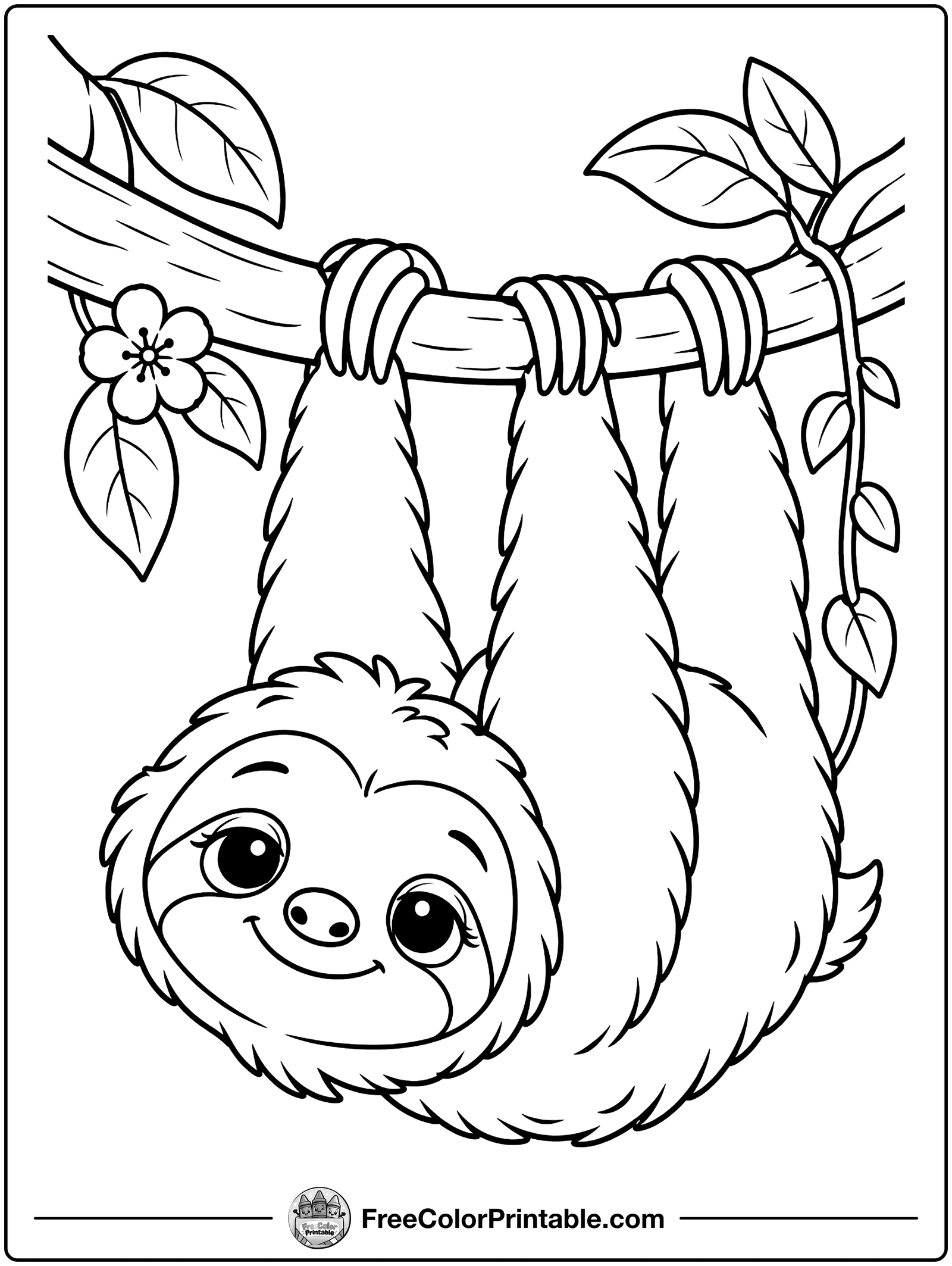 Sloth Hanging on a Branch Coloring Page — free color printable