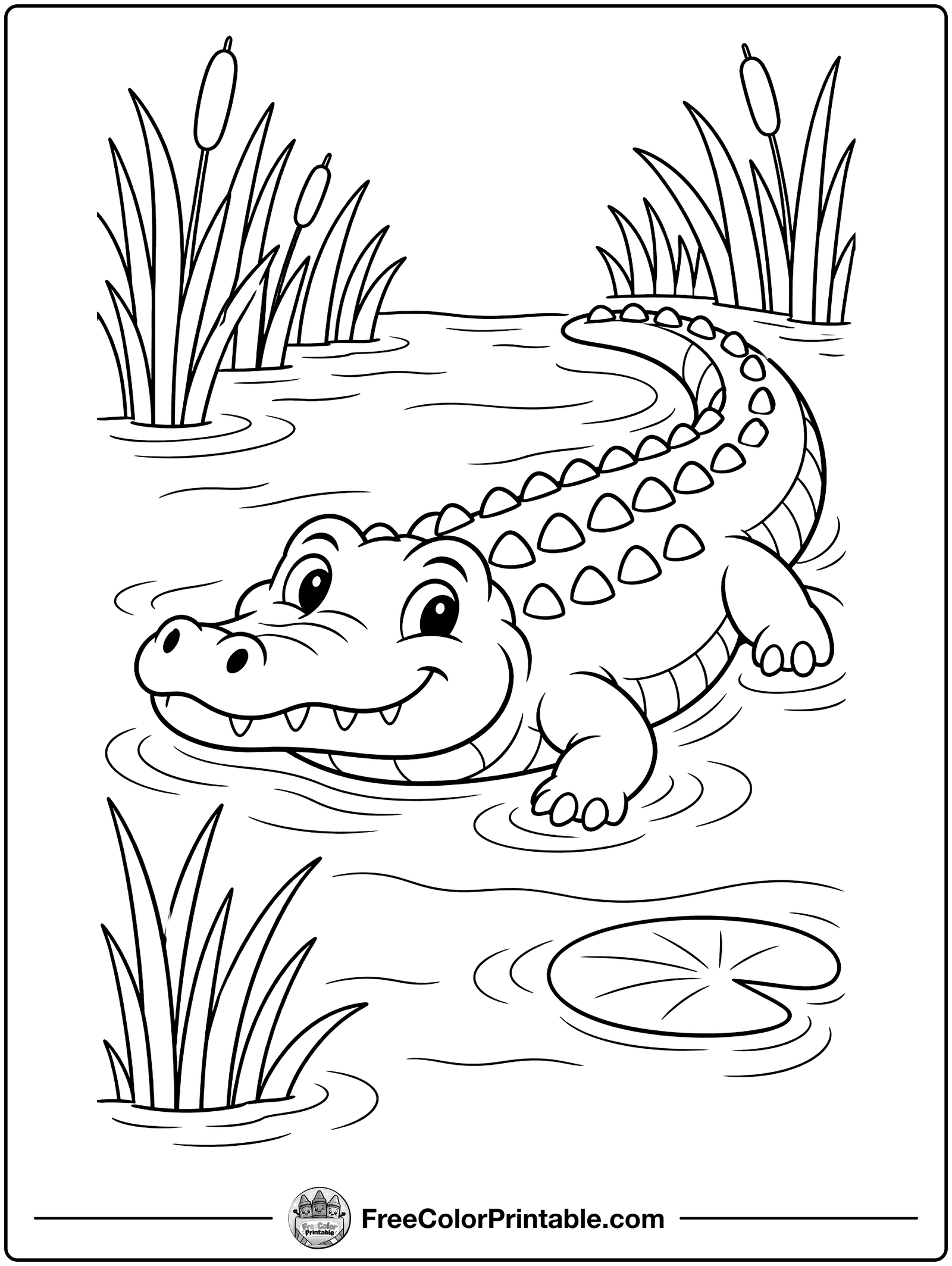 Smiling Crocodile in the River Coloring Page — free color printable
