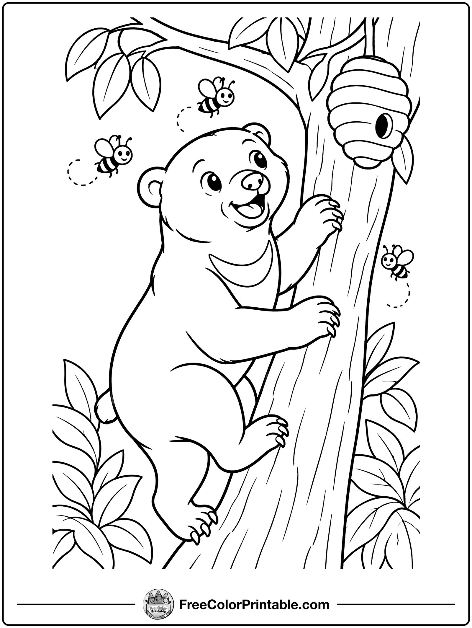Sun Bear Climbing a Tree Coloring Page — free color printable