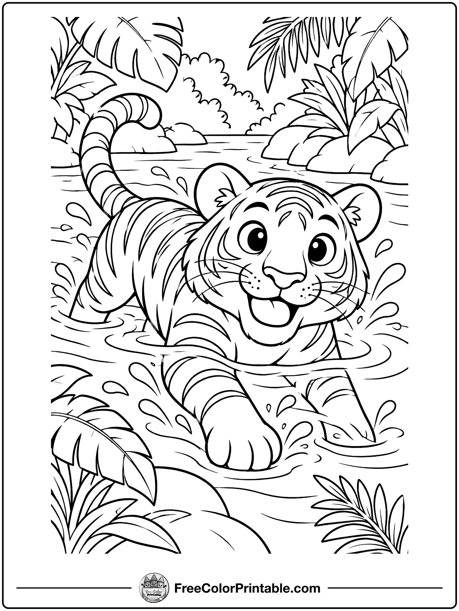 Tiger Swimming in the River Coloring Page — free color printable