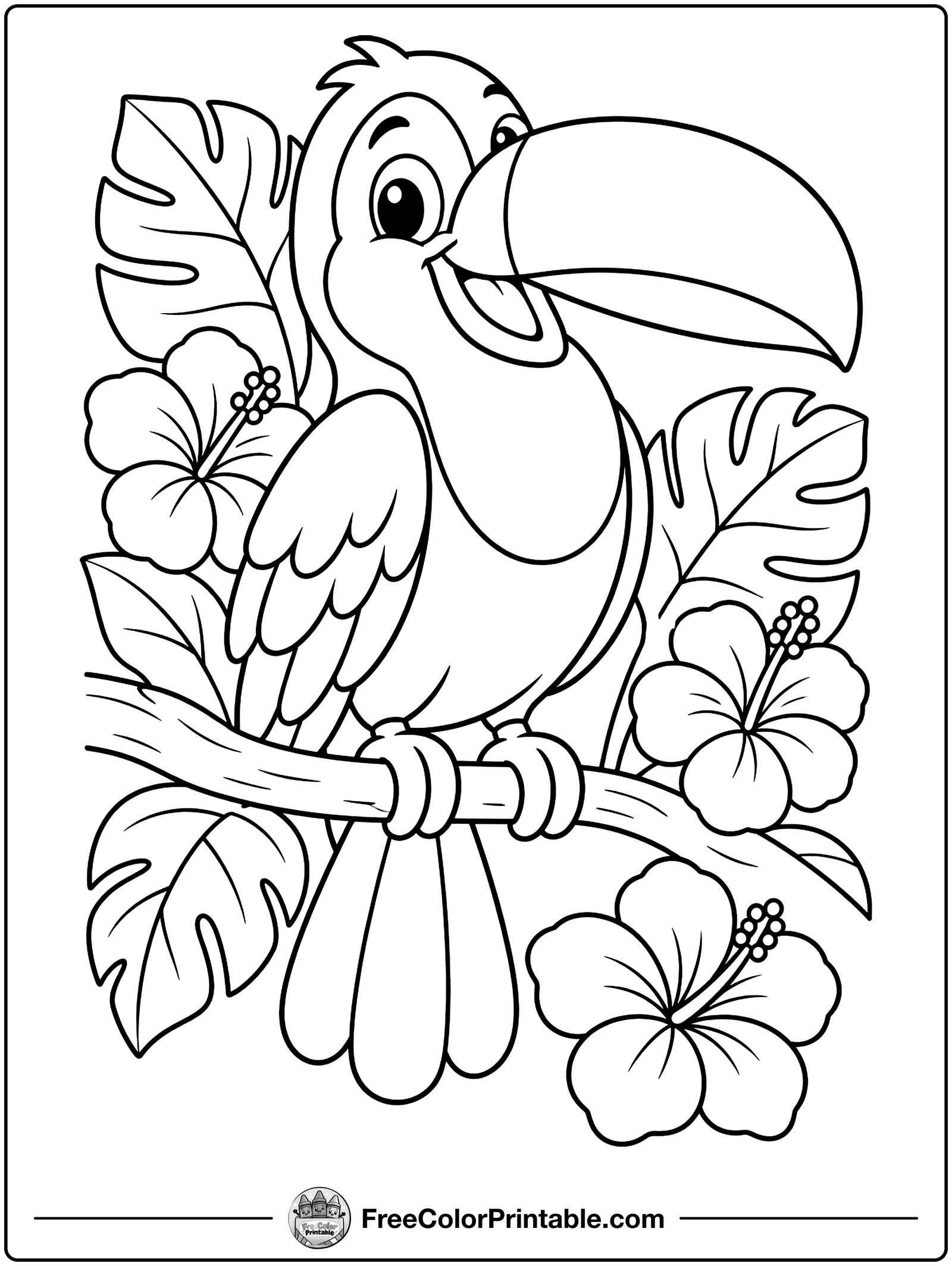 Toucan on a Tropical Branch Coloring Page — free color printable
