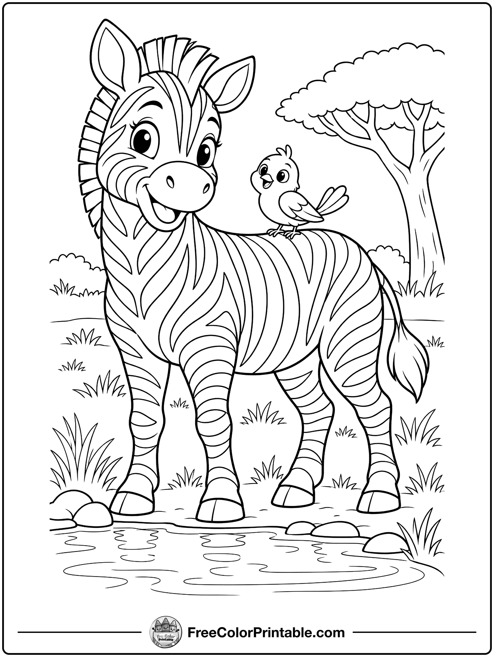 Zebra at the Waterhole Coloring Page — free color printable