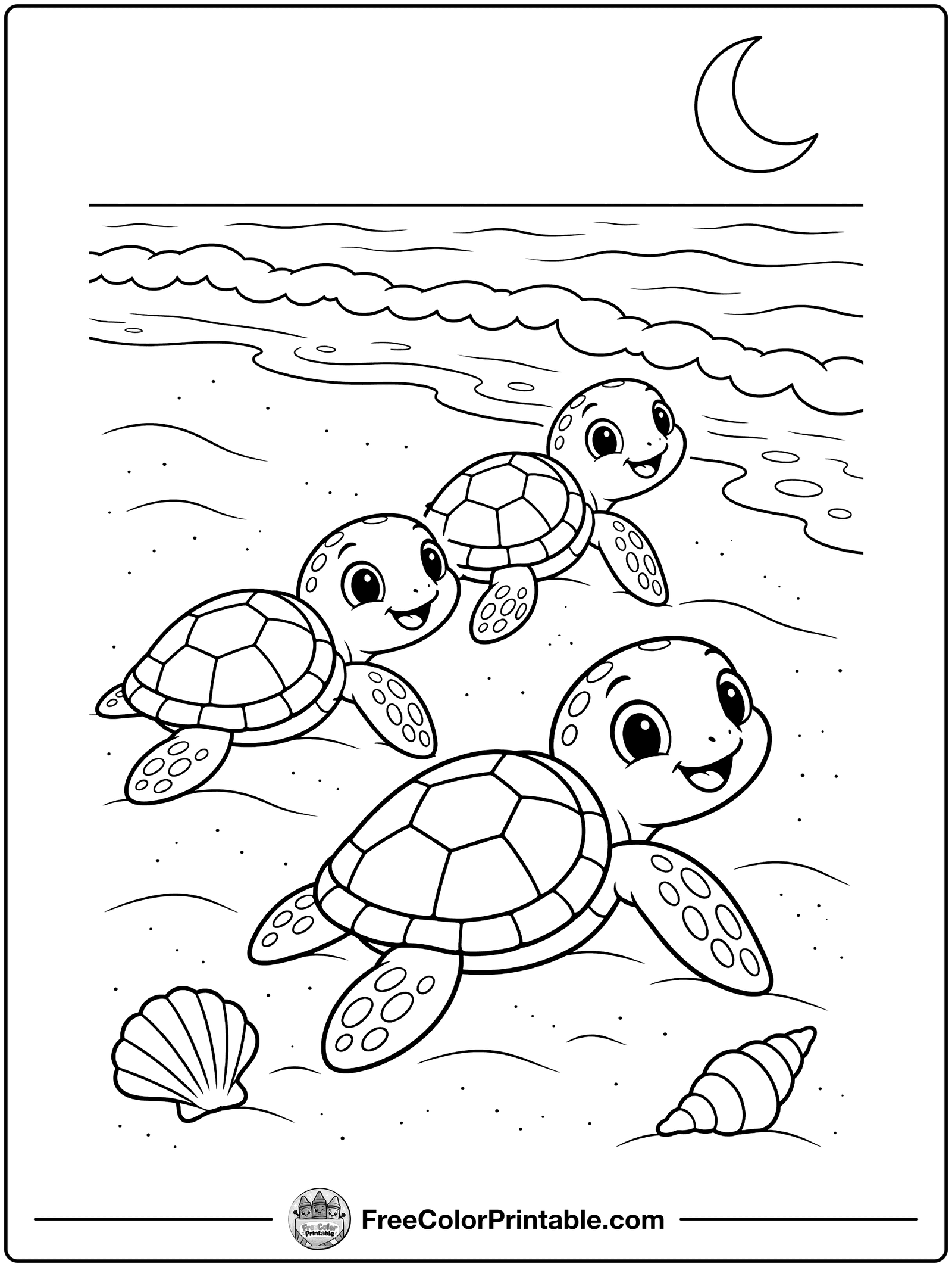 Baby Turtles Racing the Waves Coloring Page — free color printable