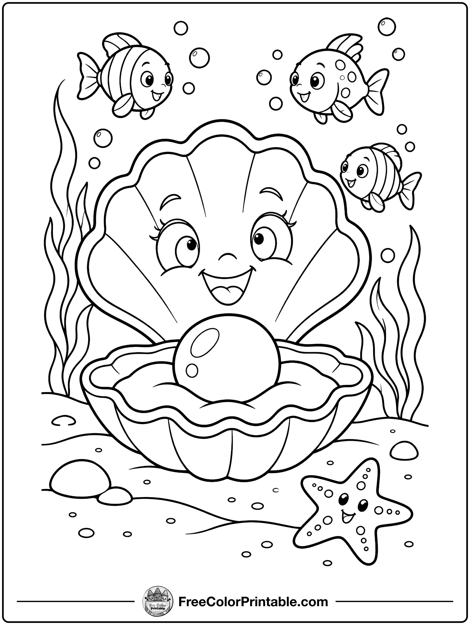 Clam with a Pearl Coloring Page — free color printable