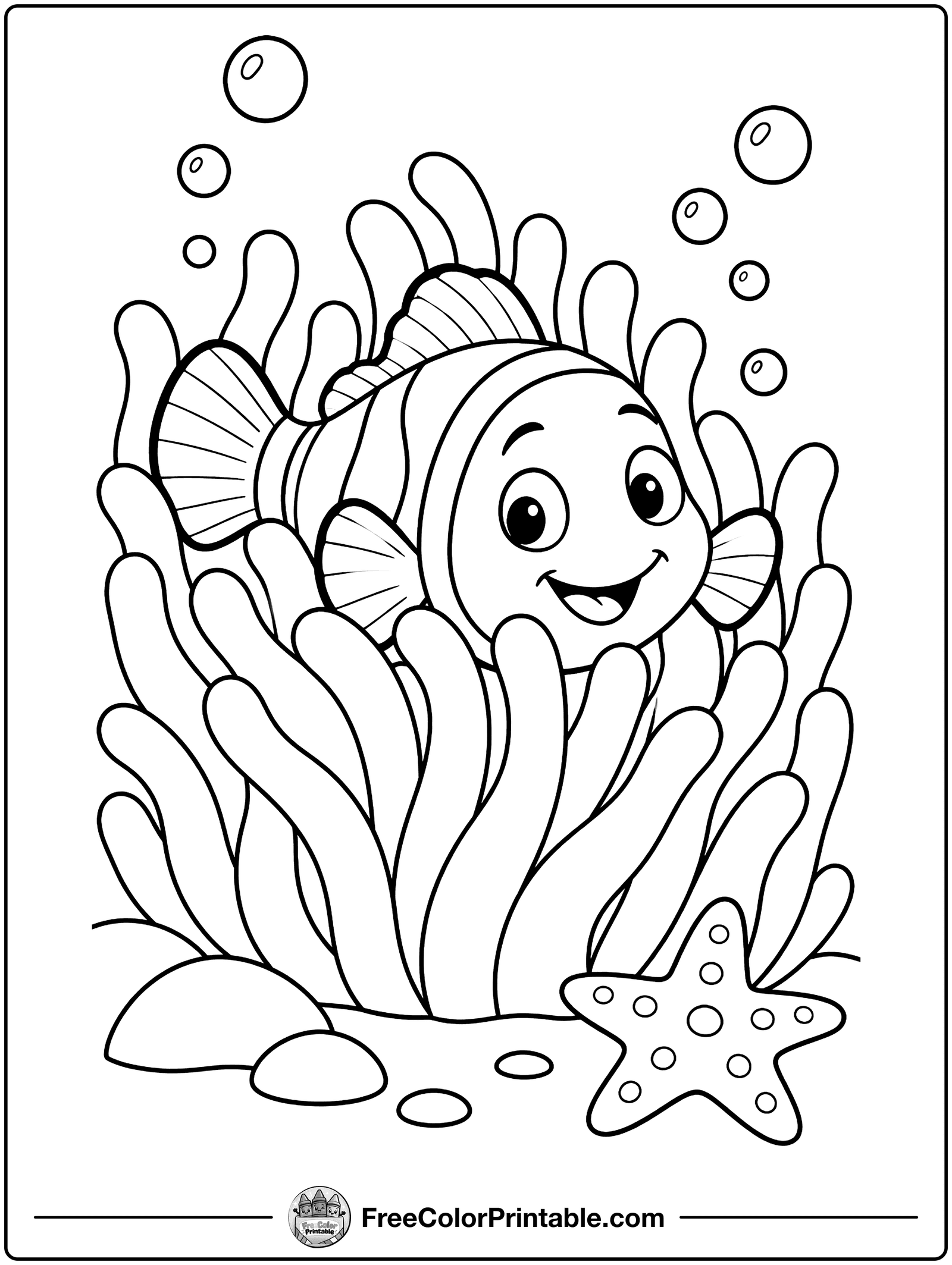 Clownfish and Sea Anemone Coloring Page — free color printable