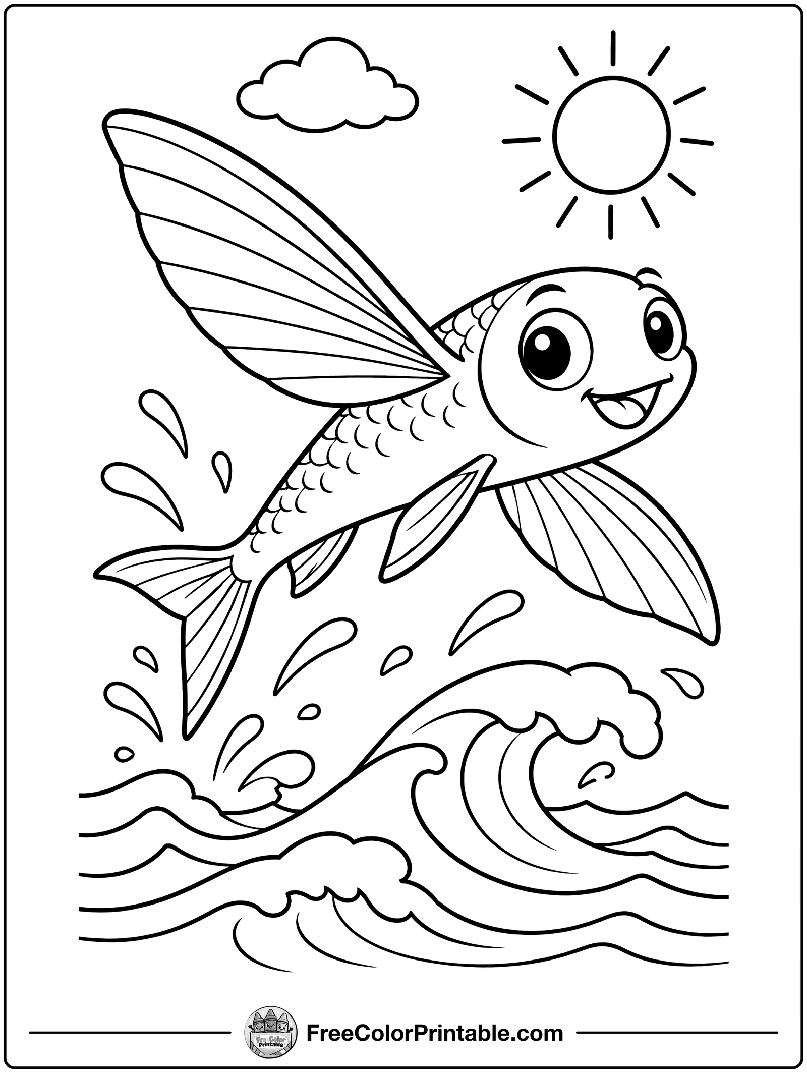 Flying Fish Above the Waves Coloring Page — free color printable