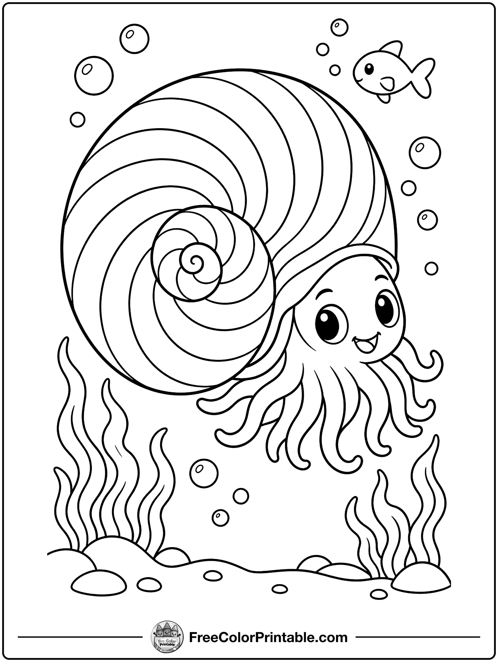 Nautilus in the Deep Blue Coloring Page — free color printable