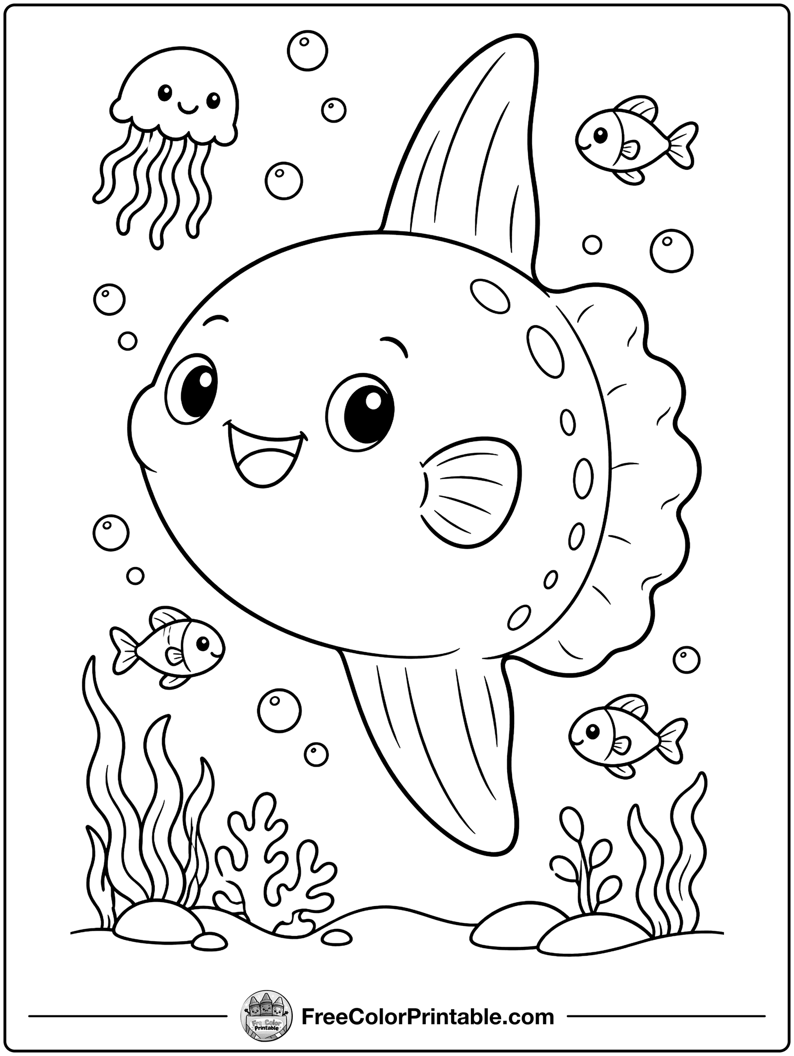 Round Ocean Sunfish Coloring Page — free color printable