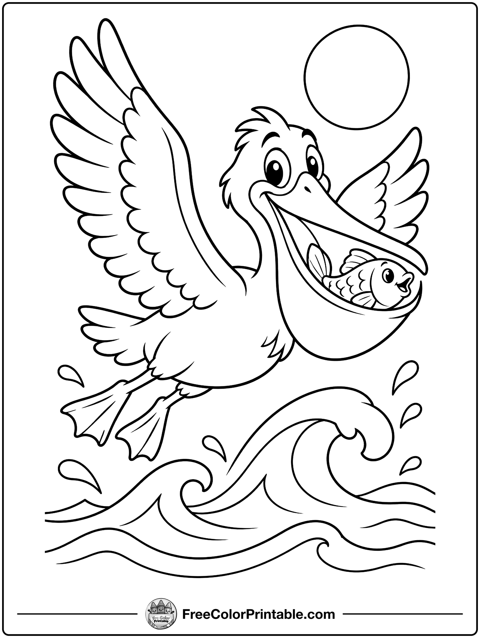 Pelican Catching a Fish Coloring Page — free color printable