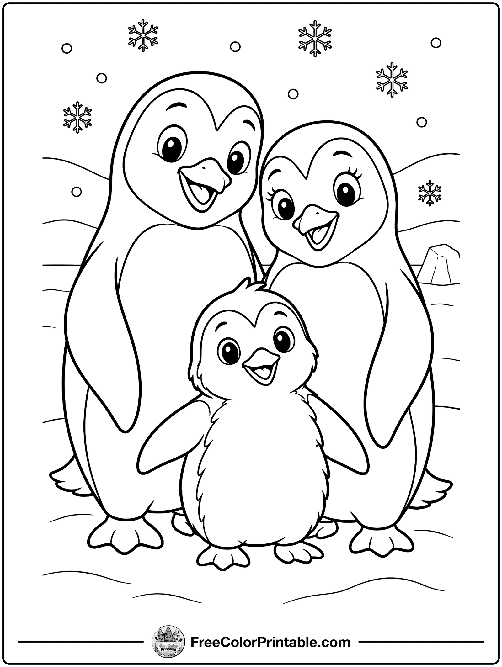Penguin Family on the Ice Coloring Page — free color printable