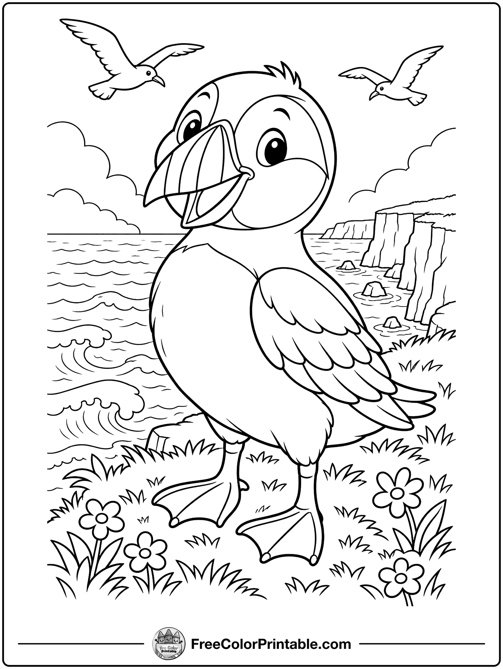 Puffin on a Seaside Cliff Coloring Page — free color printable