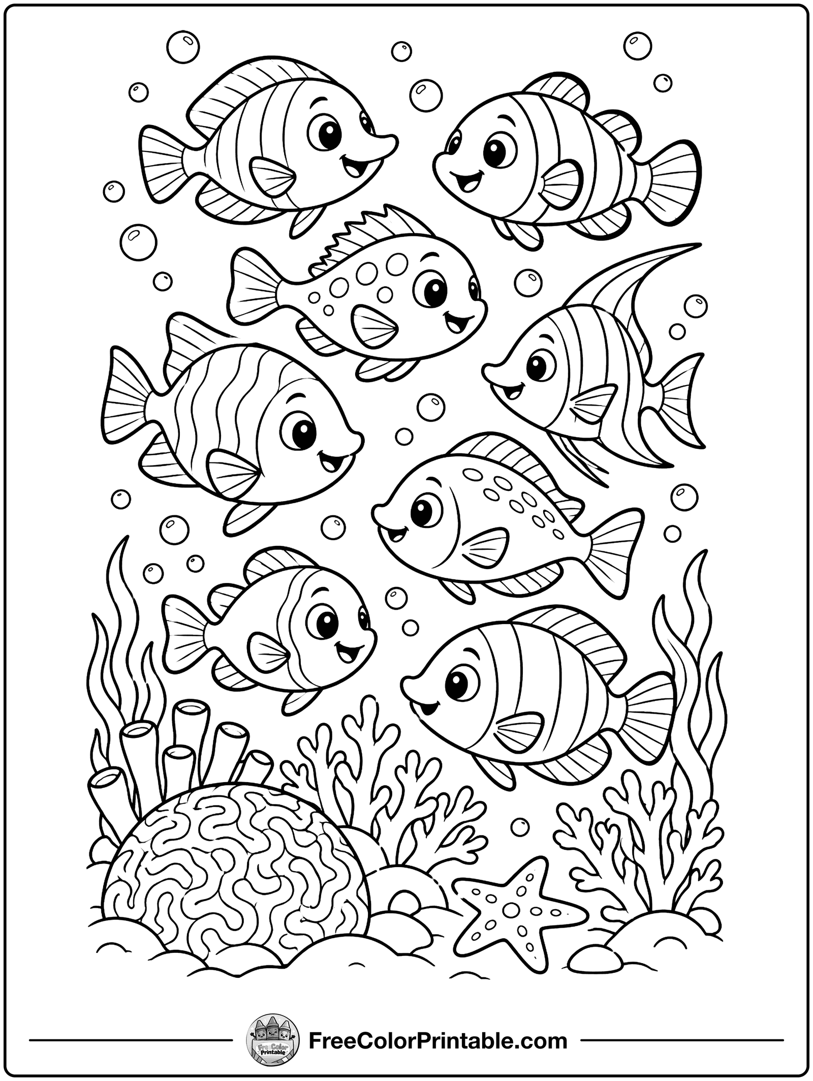 School of Fish and Coral Reef Coloring Page — free color printable