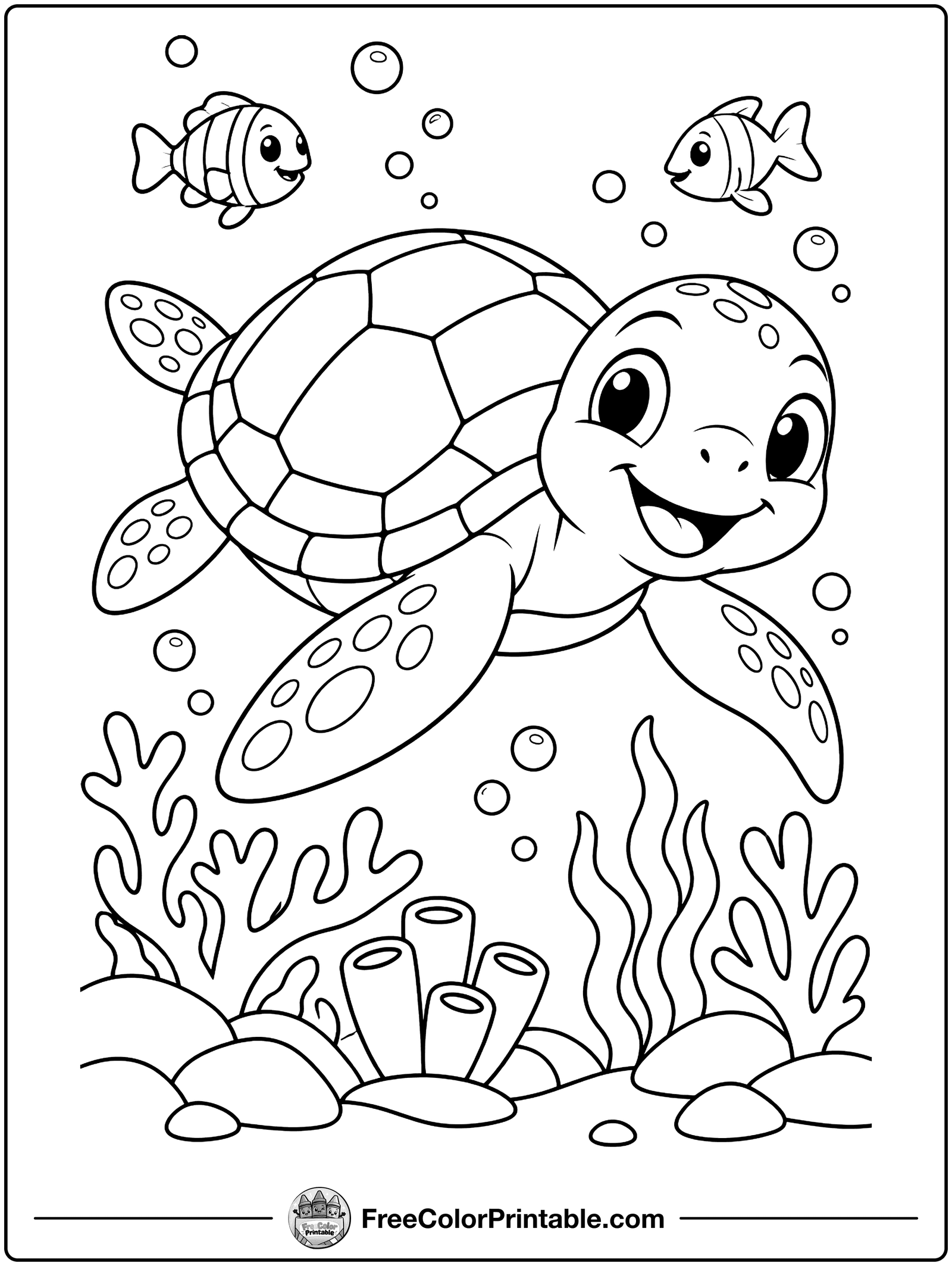 Sea Turtle and Coral Coloring Page — free color printable