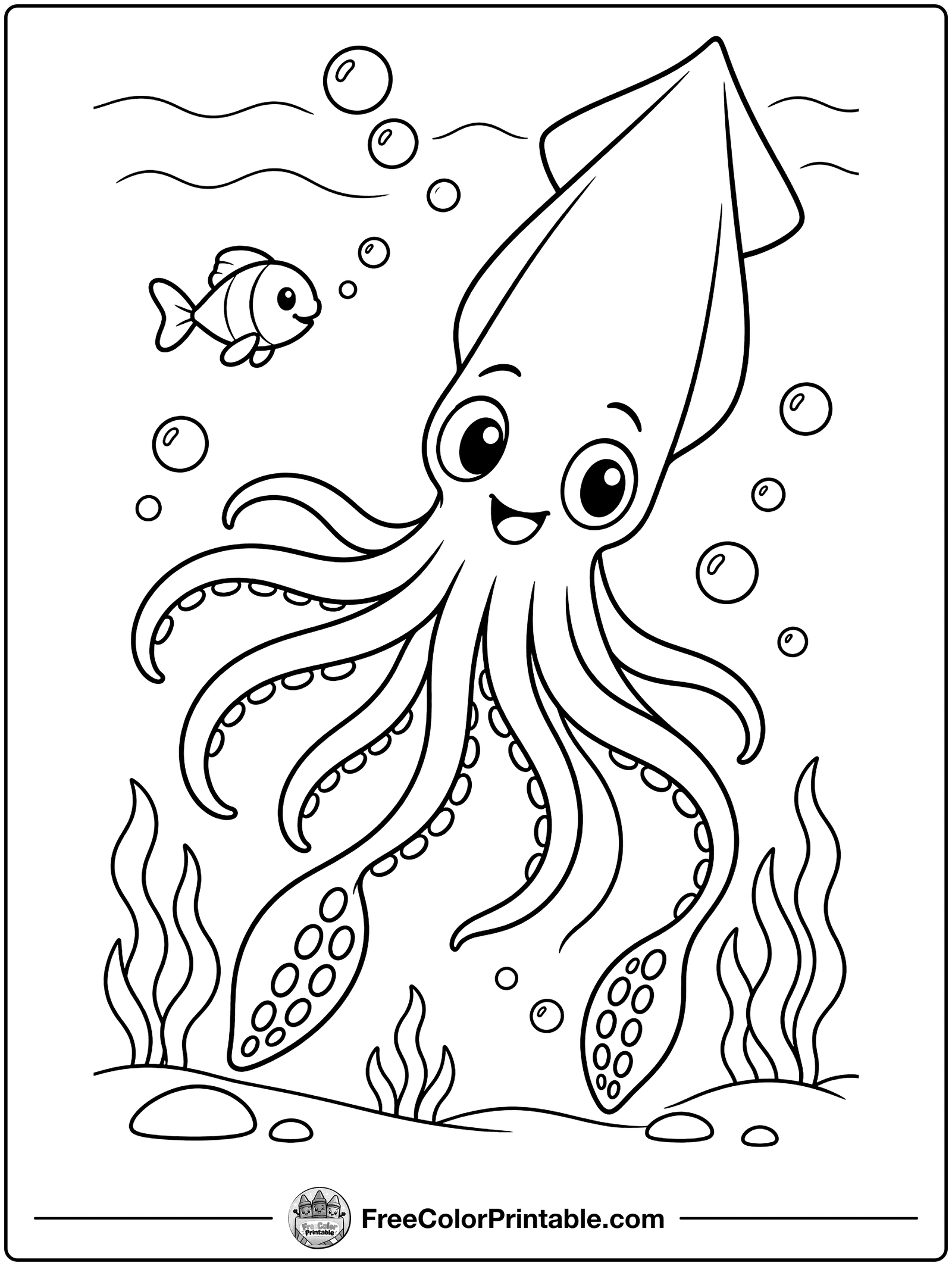Swimming Squid Coloring Page — free color printable
