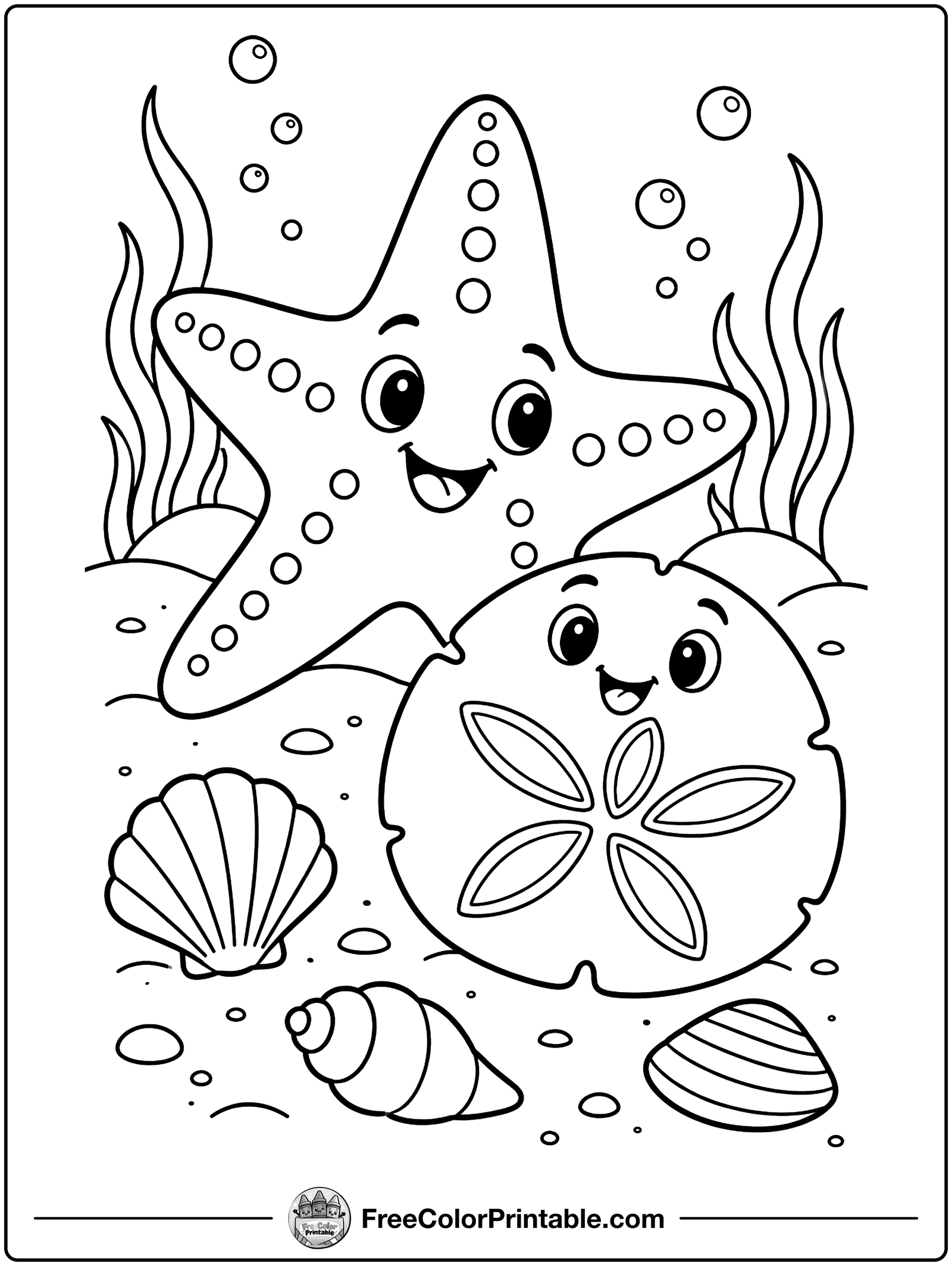 Starfish and Sand Dollar Coloring Page — free color printable