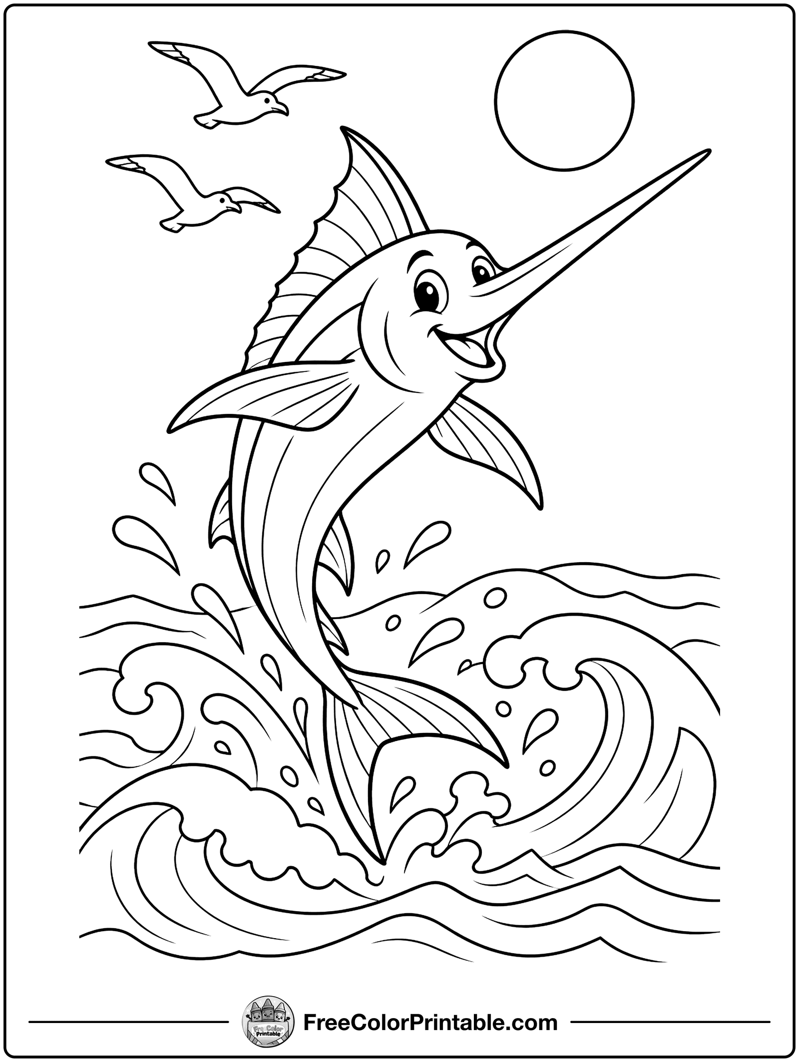 Swordfish Leaping Coloring Page — free color printable