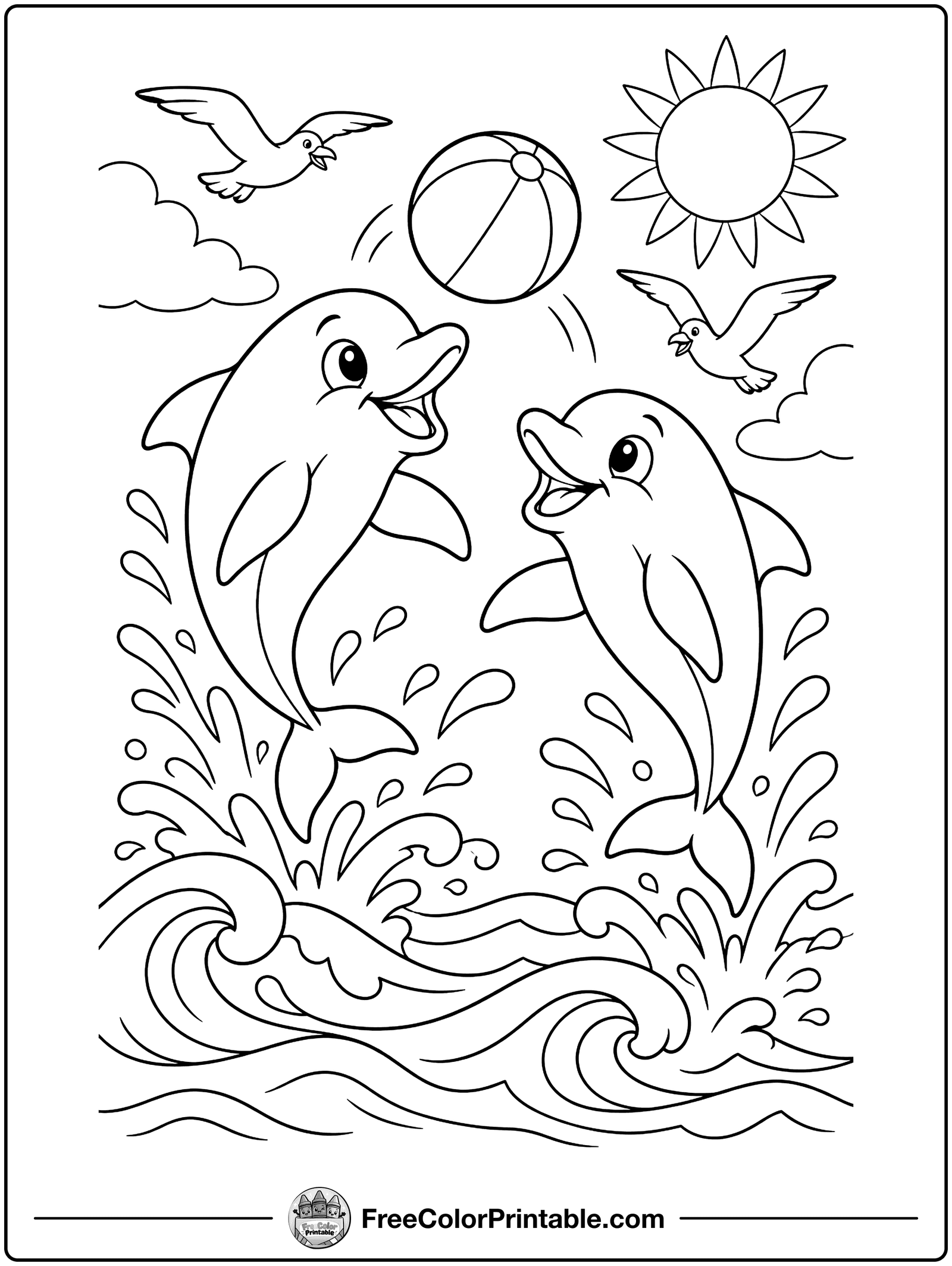Two Dolphins Playing with a Ball Coloring Page — free color printable