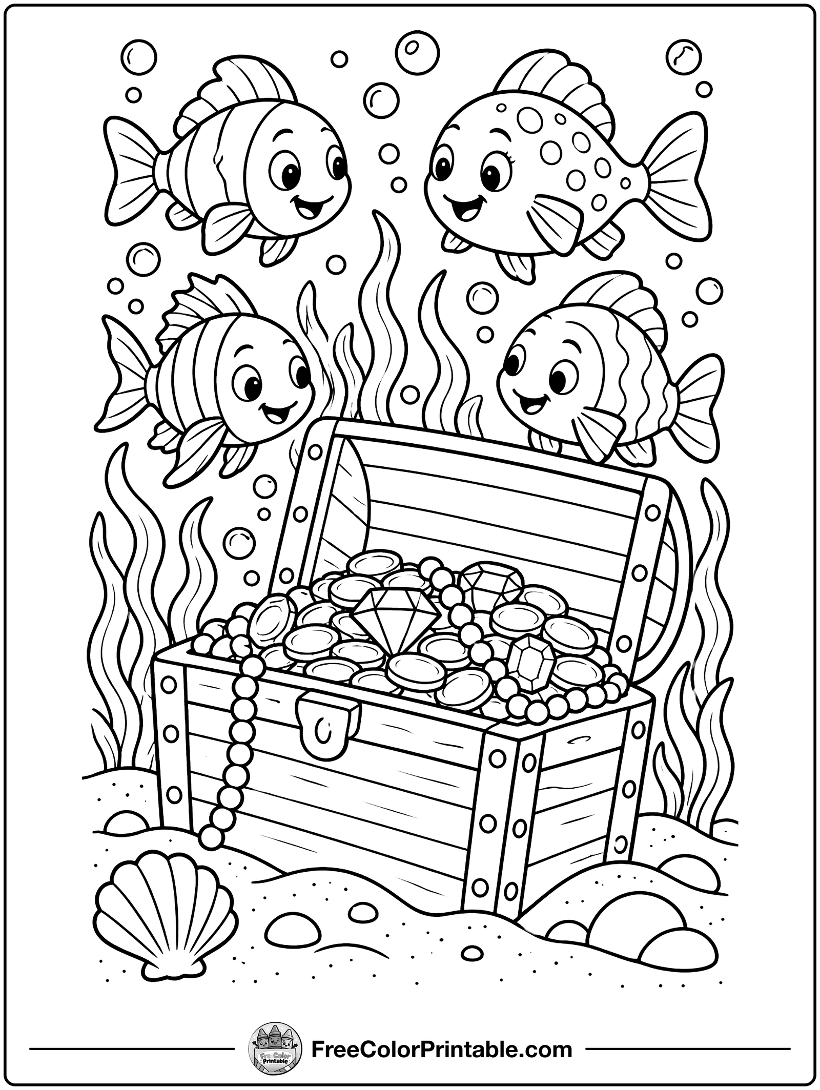 Underwater Treasure Chest Coloring Page — free color printable