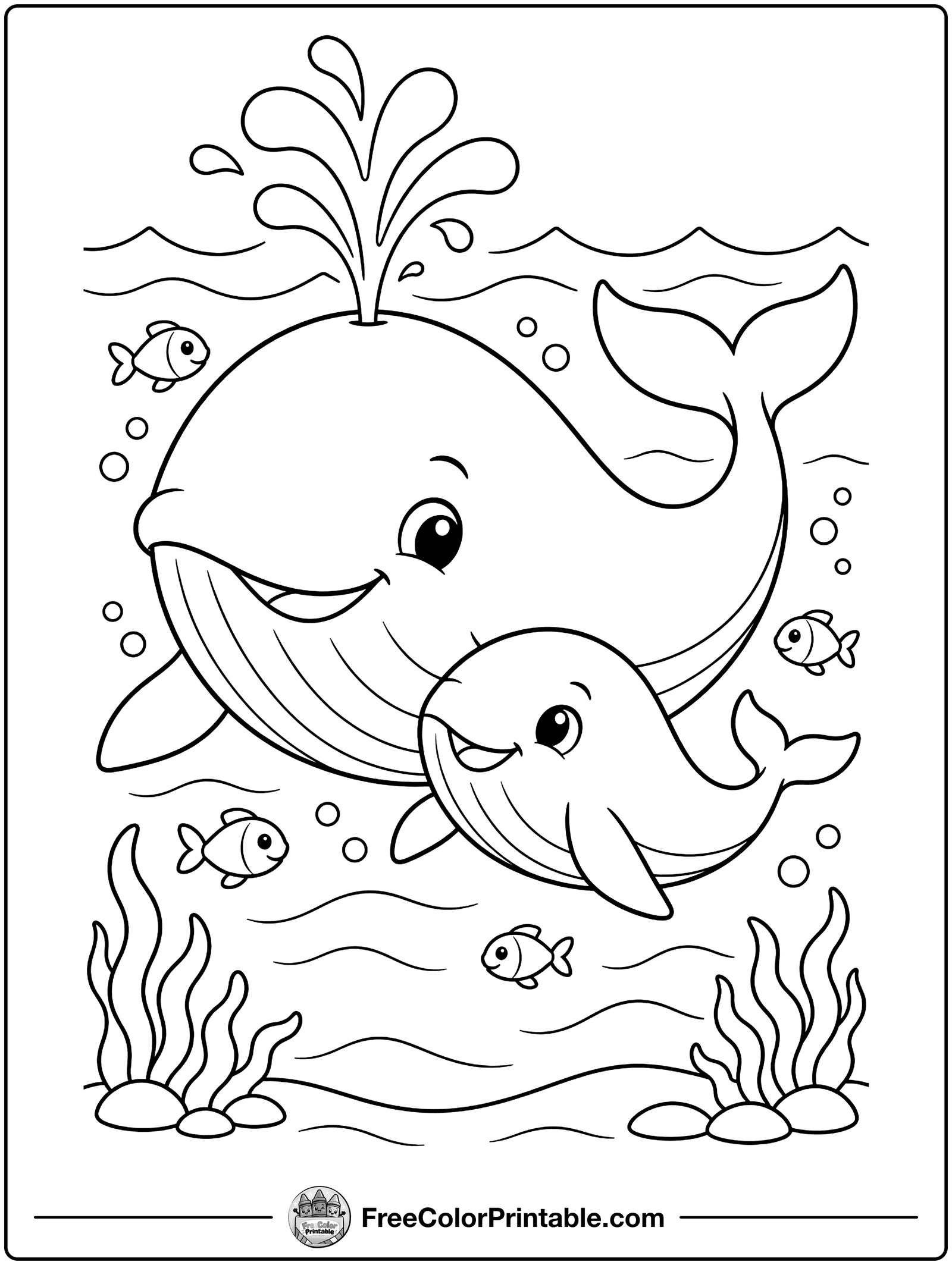 Whale and Baby Whale Coloring Page — free color printable