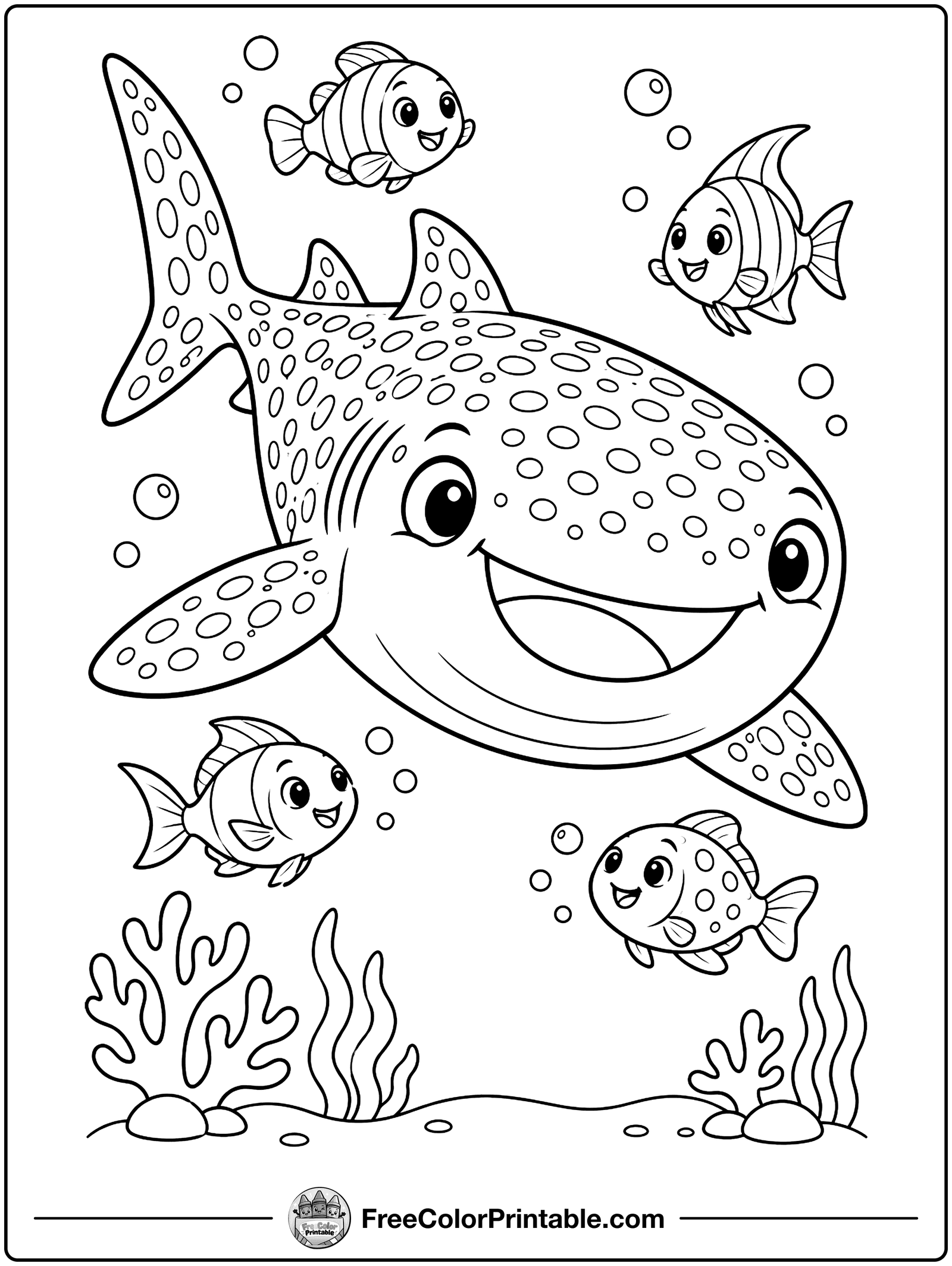 Whale Shark and Little Fish Coloring Page — free color printable