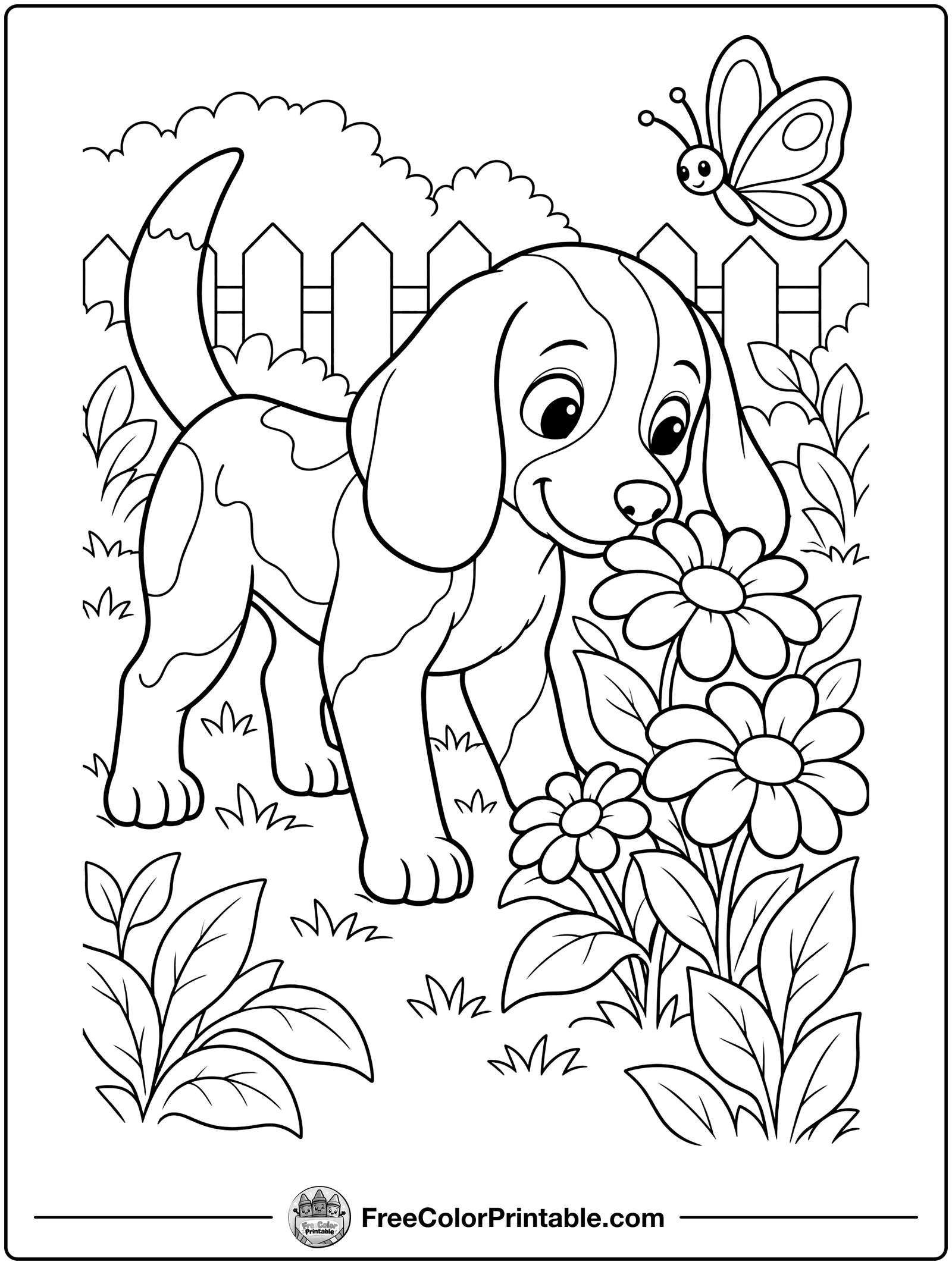 Beagle Sniffing the Flowers Coloring Page — free color printable
