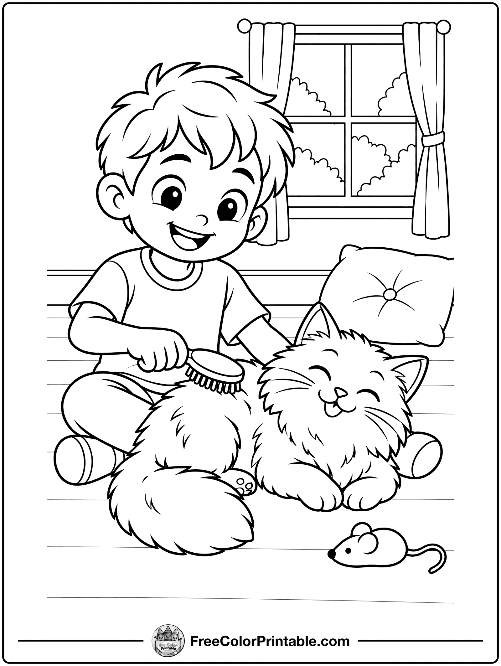 Boy Brushing a Cat Coloring Page — free color printable
