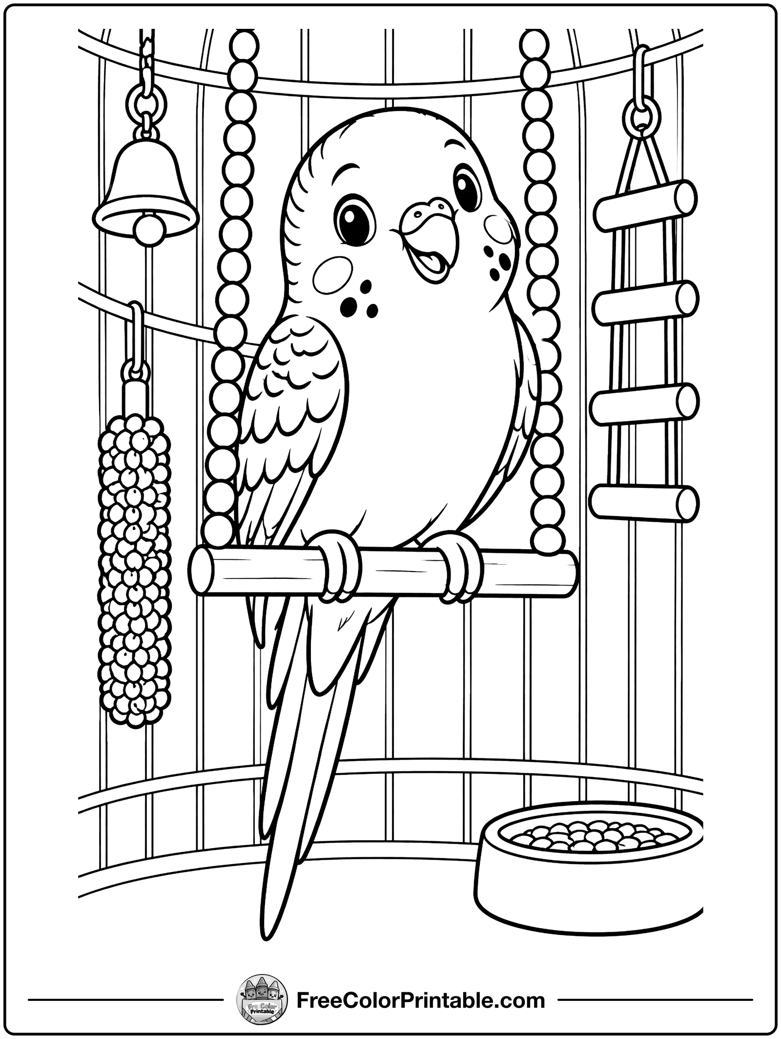 Budgie on a Little Swing Coloring Page — free color printable