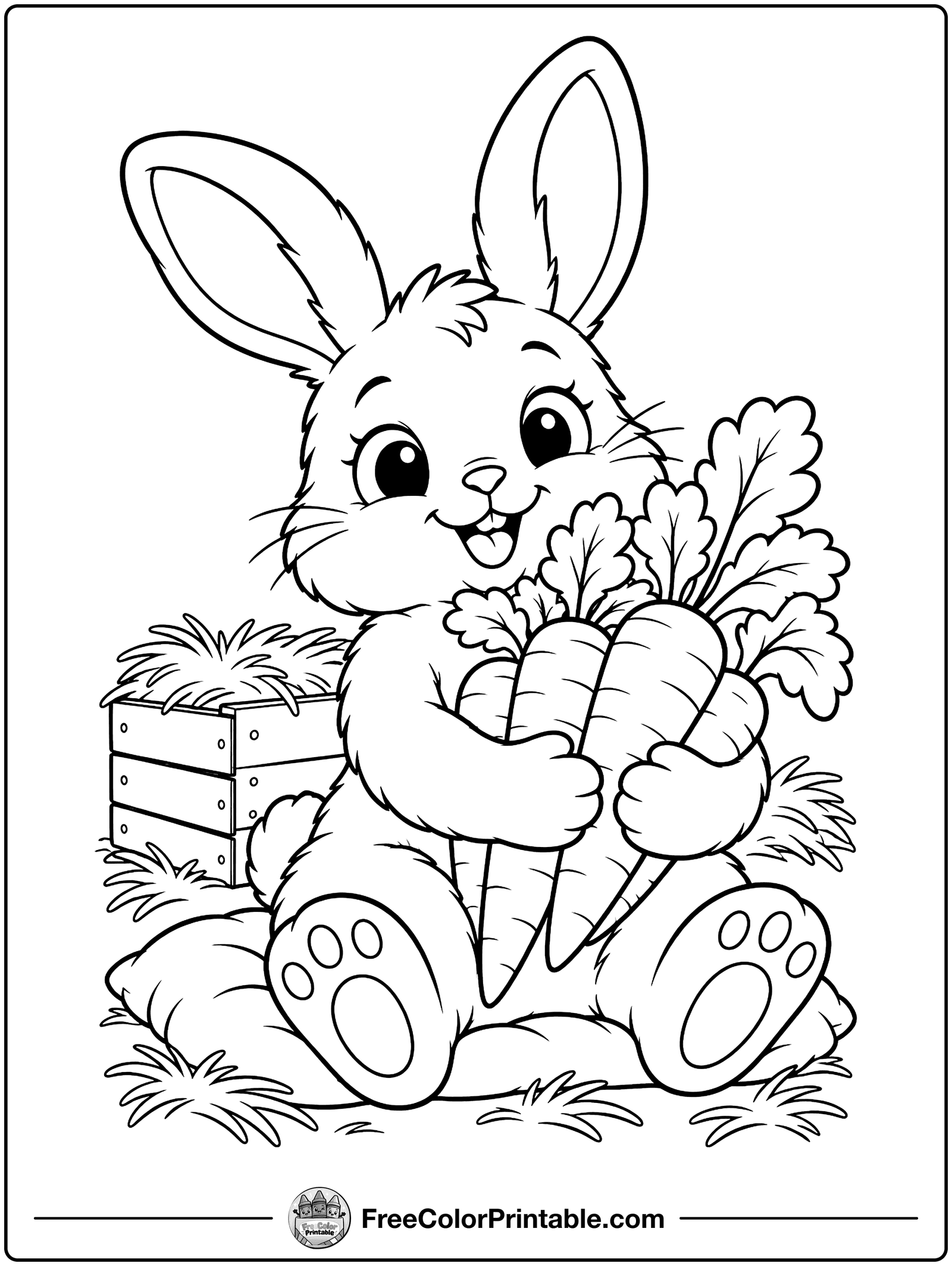 Bunny Hugging Big Carrots Coloring Page — free color printable