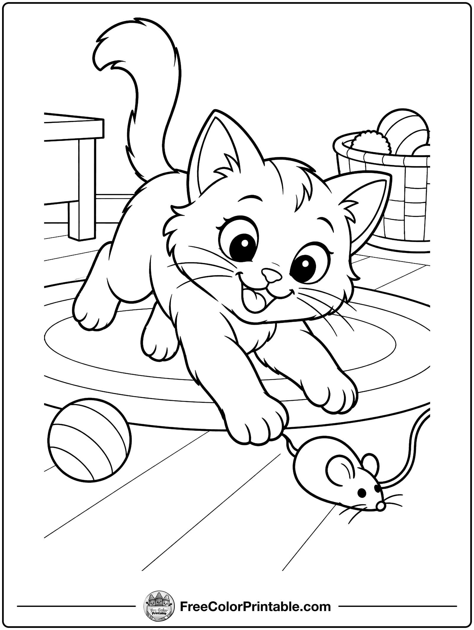 Cat Chasing a Toy Mouse Coloring Page — free color printable