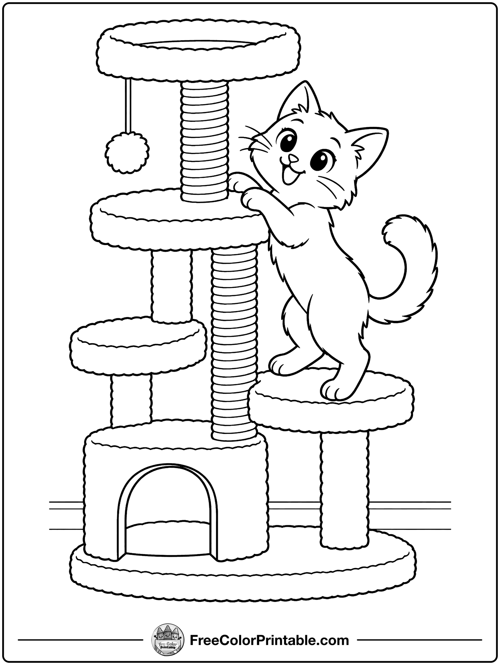 Cat Climbing a Cat Tree Coloring Page — free color printable