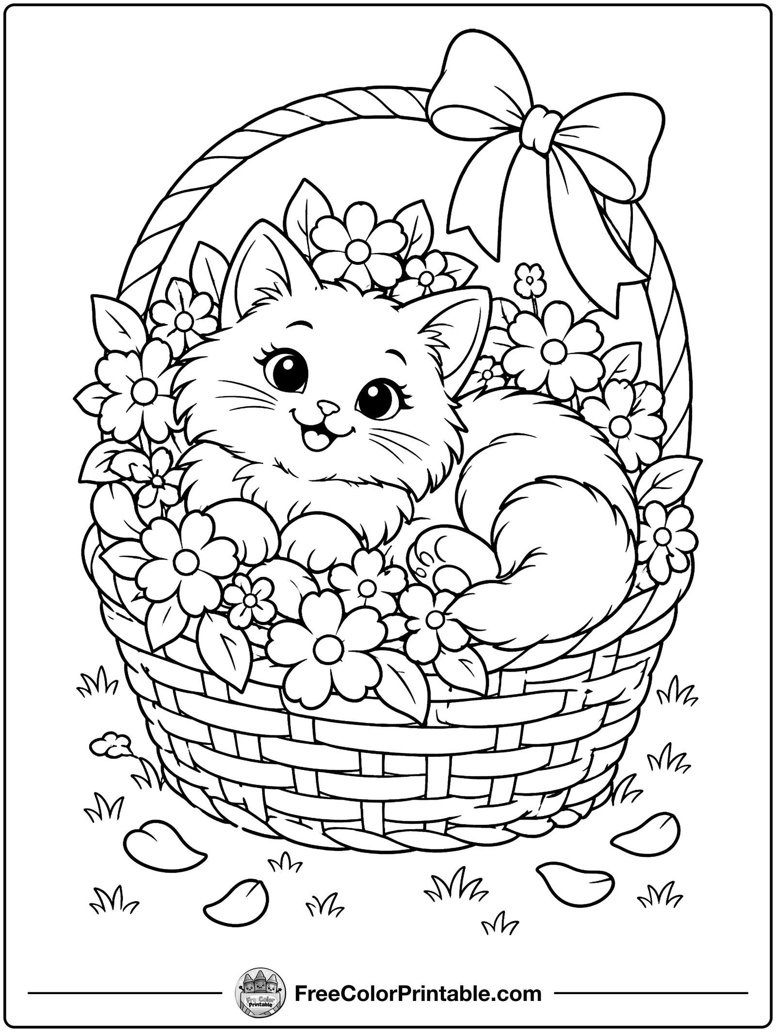 Cat in a Basket of Flowers Coloring Page — free color printable