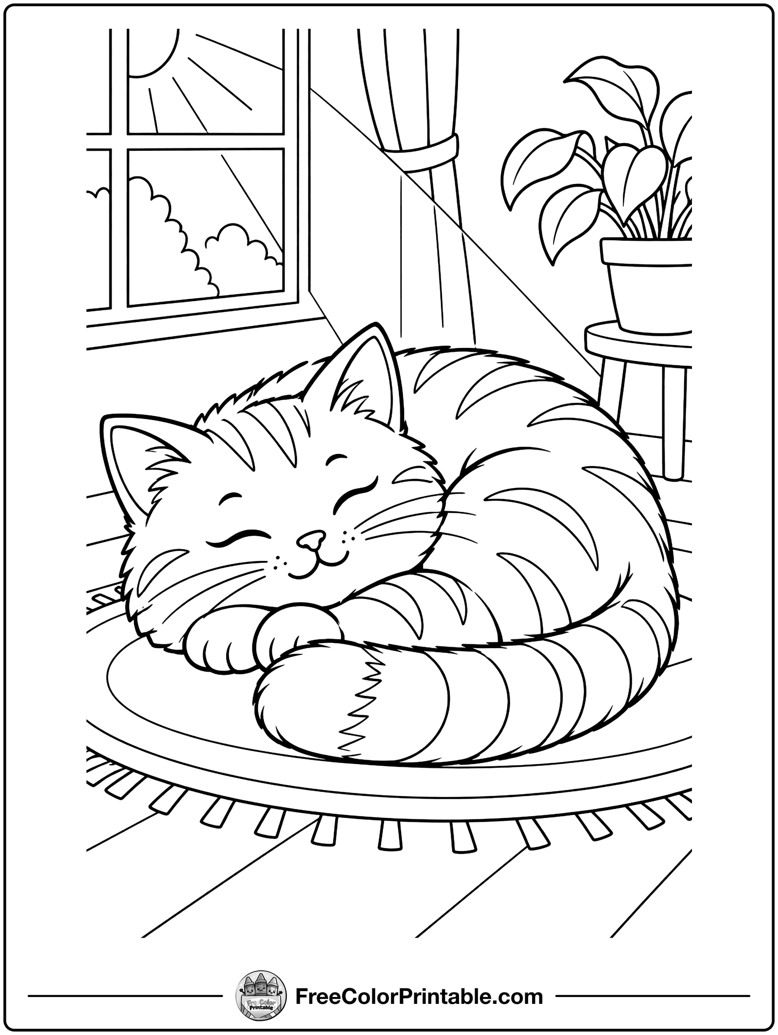 Cat Napping in the Sunshine Coloring Page — free color printable