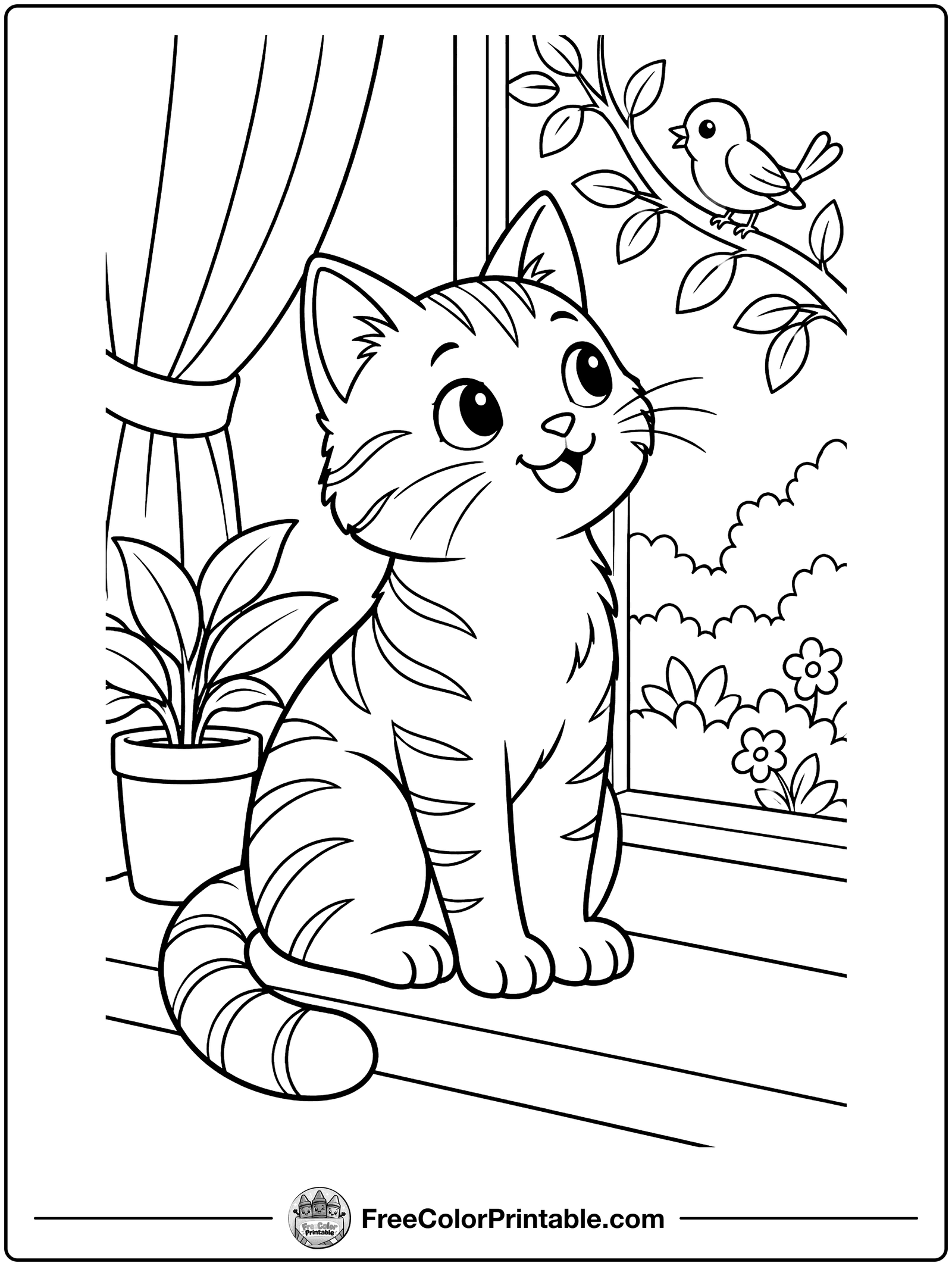 Cat on a Windowsill Coloring Page — free color printable