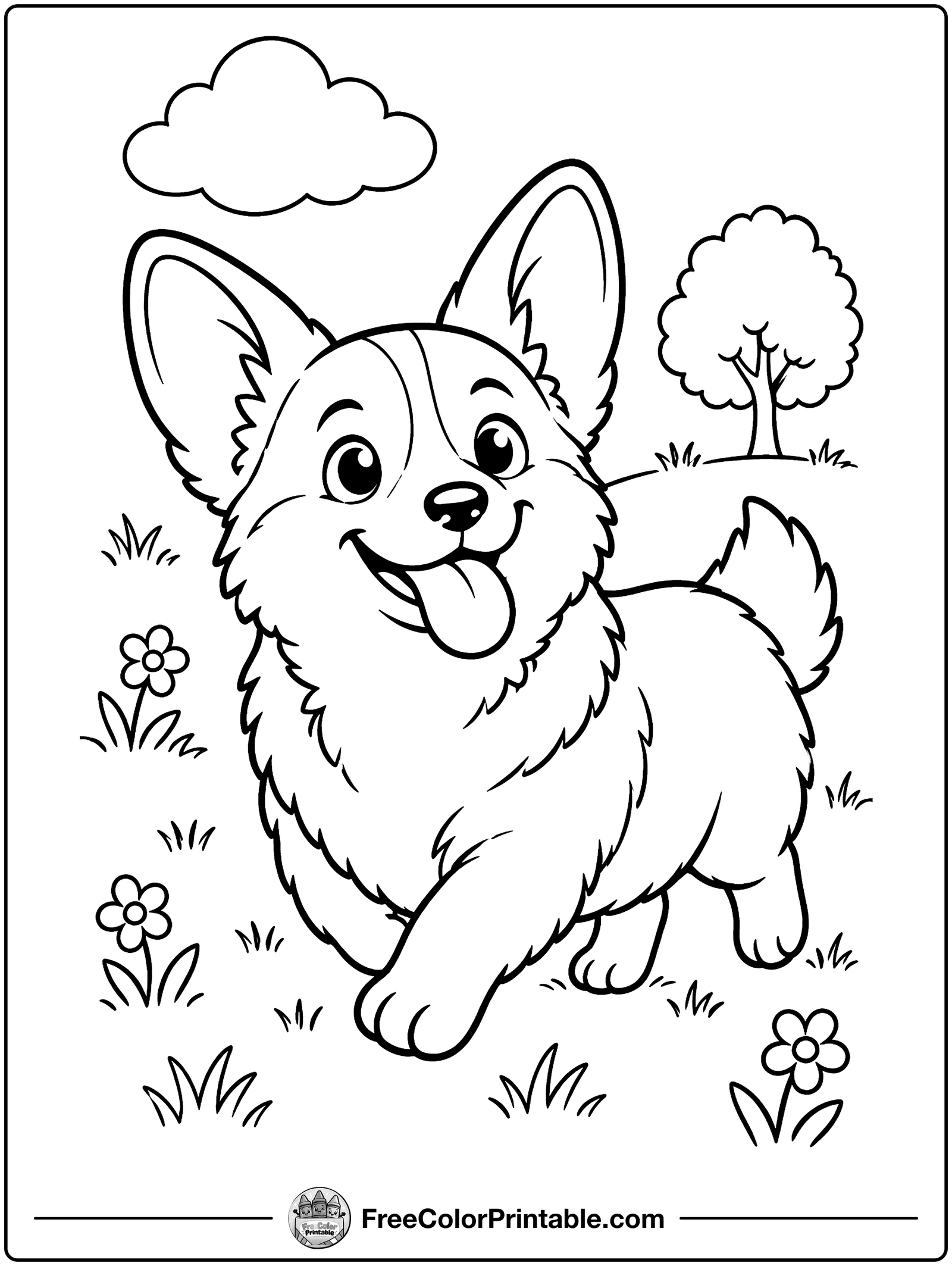 Corgi Trotting in the Grass Coloring Page — free color printable