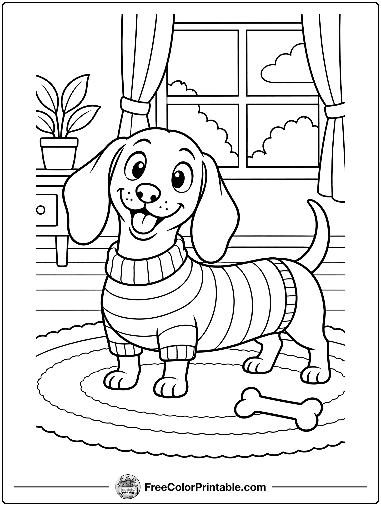 Dachshund in a Knitted Sweater Coloring Page — free color printable