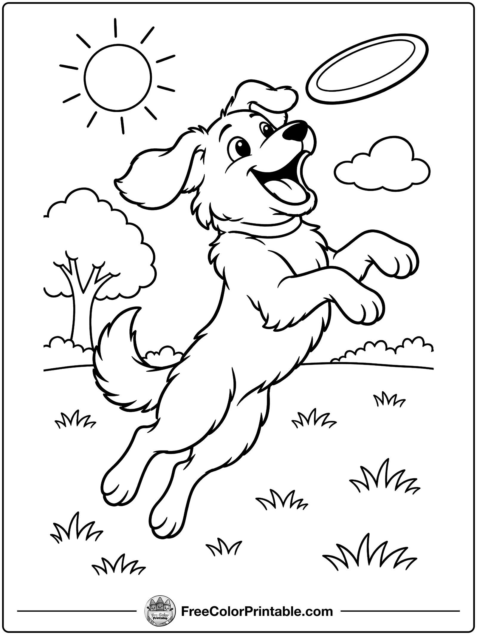 Dog Catching a Frisbee Coloring Page — free color printable