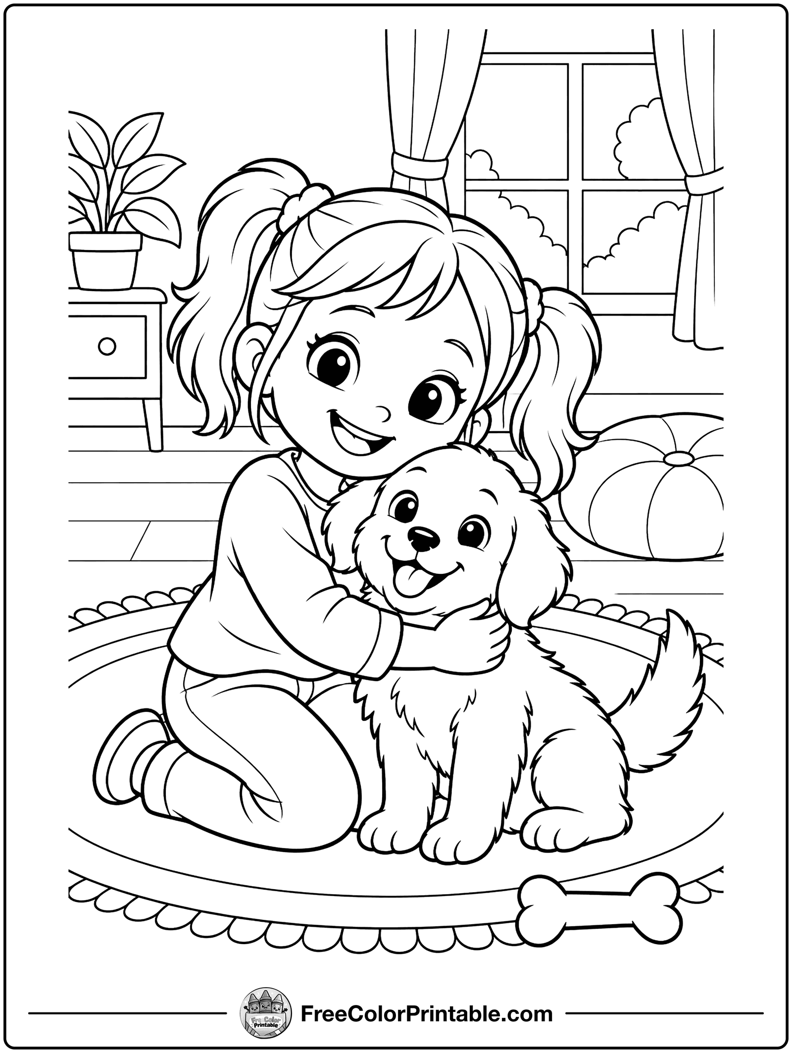 Girl Hugging Her Puppy Coloring Page — free color printable