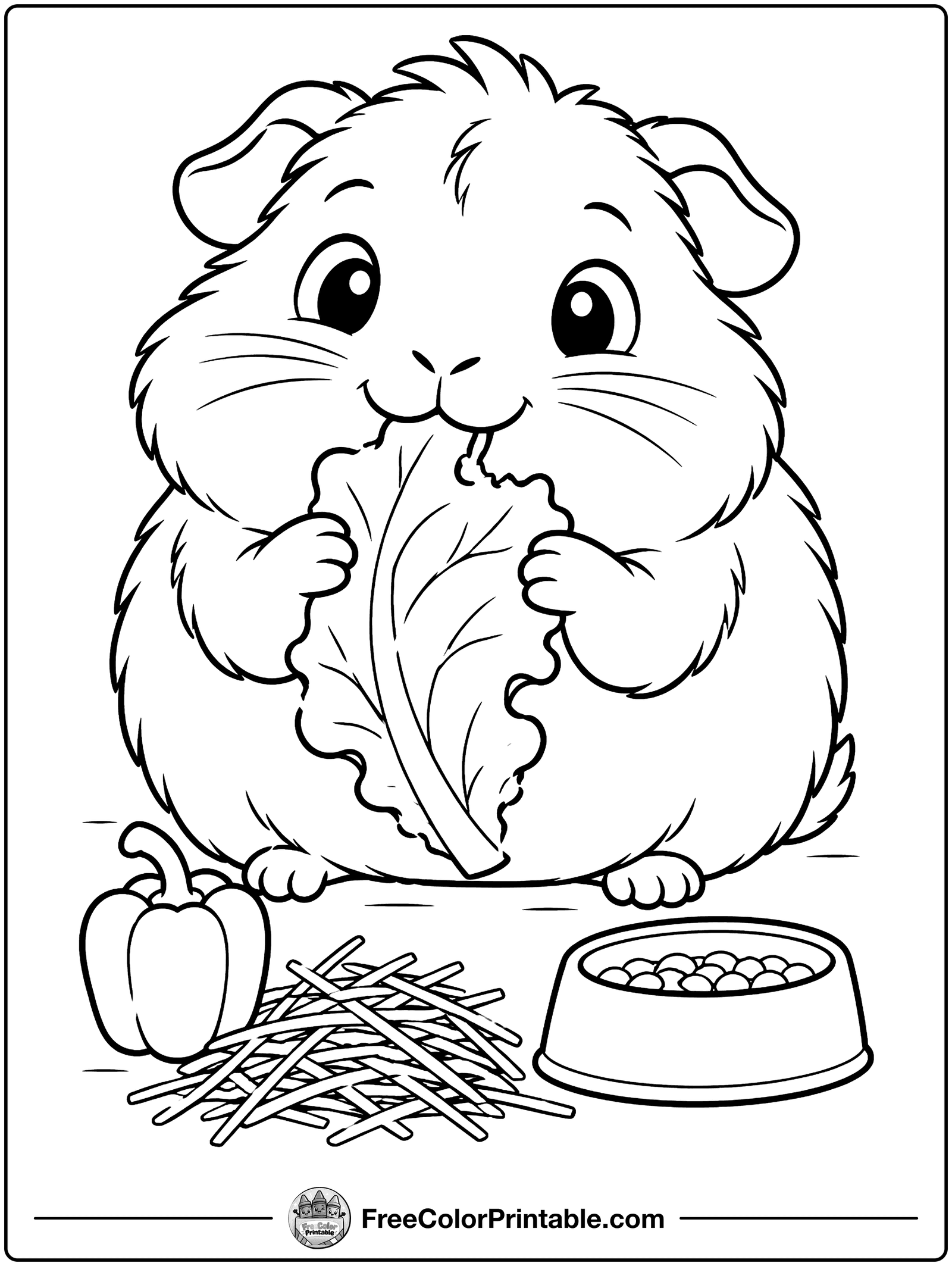 Guinea Pig Munching Lettuce Coloring Page — free color printable