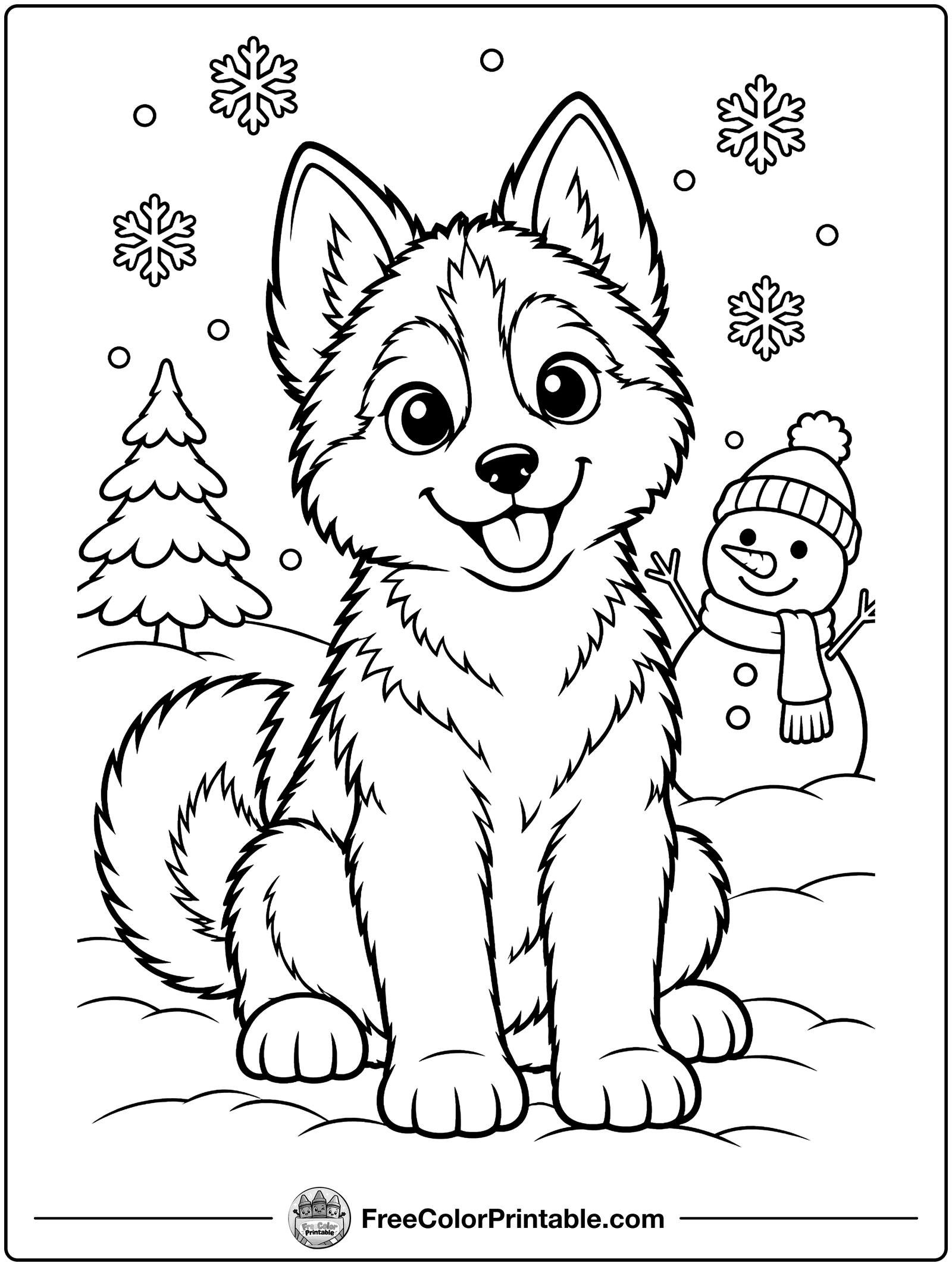 Husky Puppy in the Snow Coloring Page — free color printable