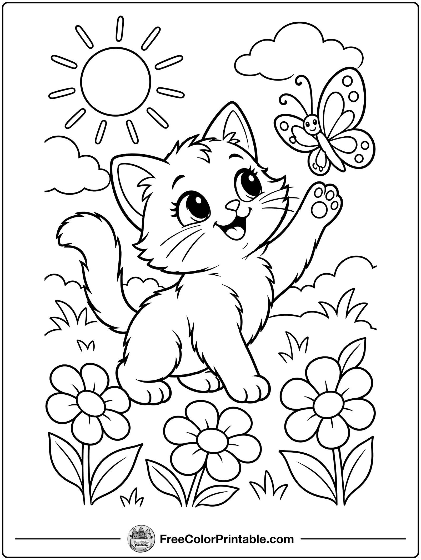 Kitten and the Butterfly Coloring Page — free color printable