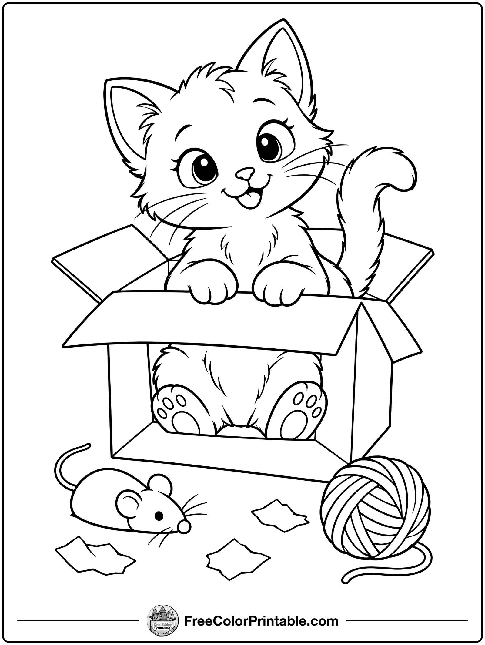 Kitten in a Cardboard Box Coloring Page — free color printable