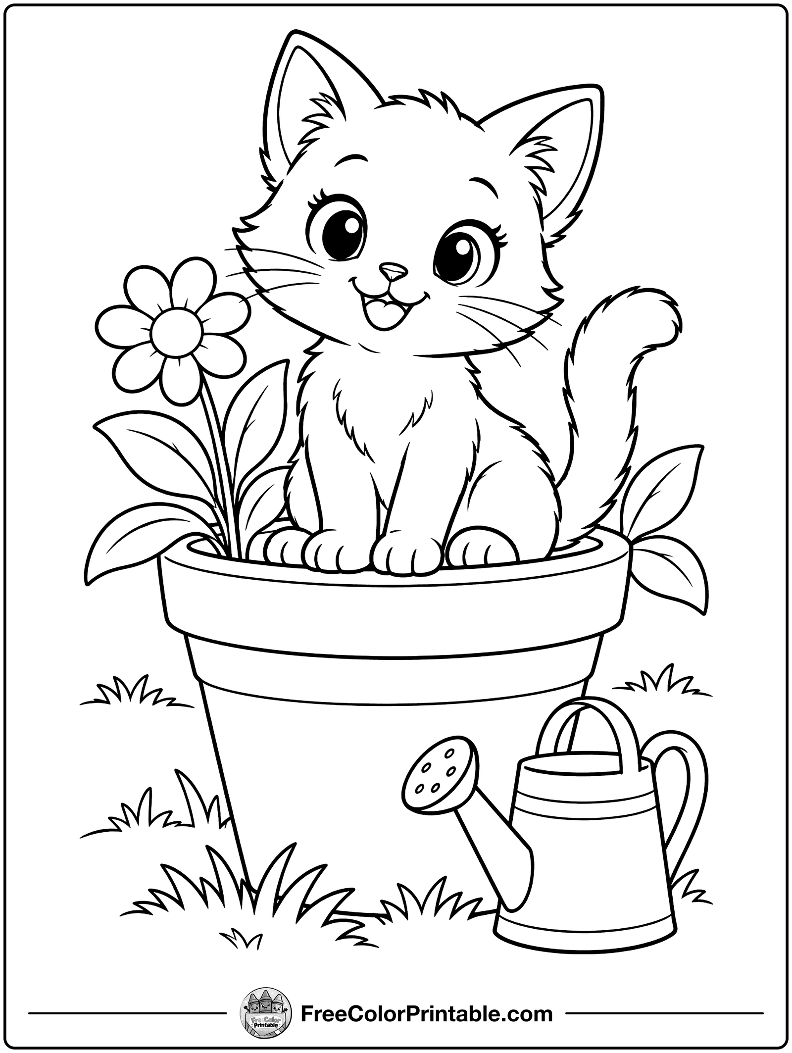Kitten in a Flowerpot Coloring Page — free color printable