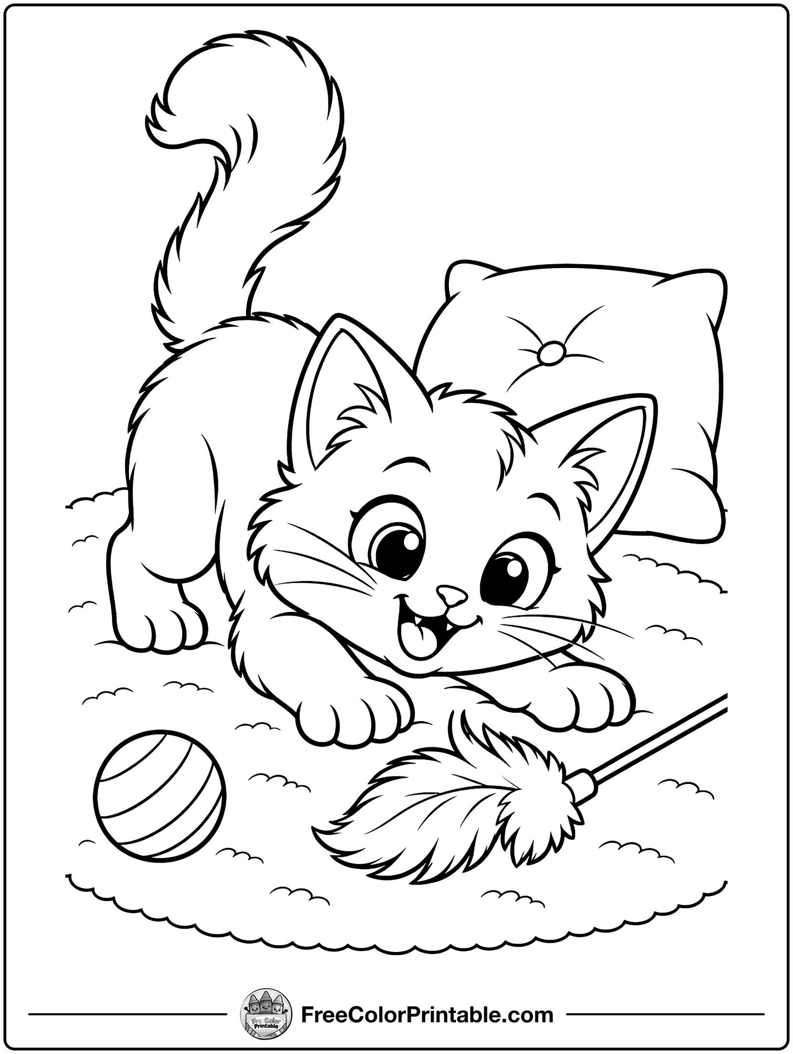 Kitten Pouncing on a Feather Coloring Page — free color printable
