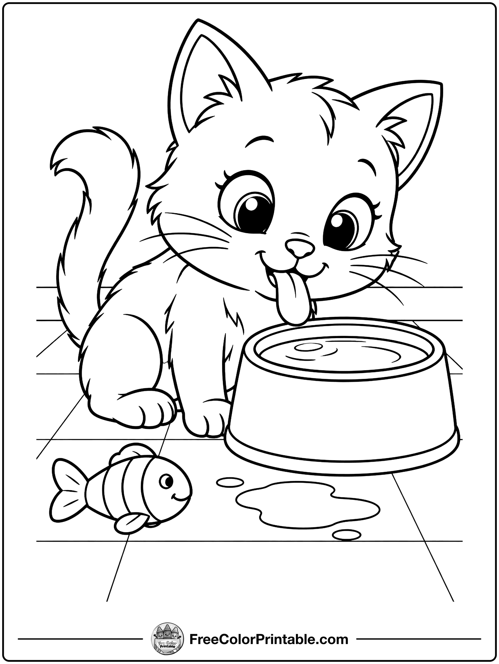 Kitten with a Water Bowl Coloring Page — free color printable
