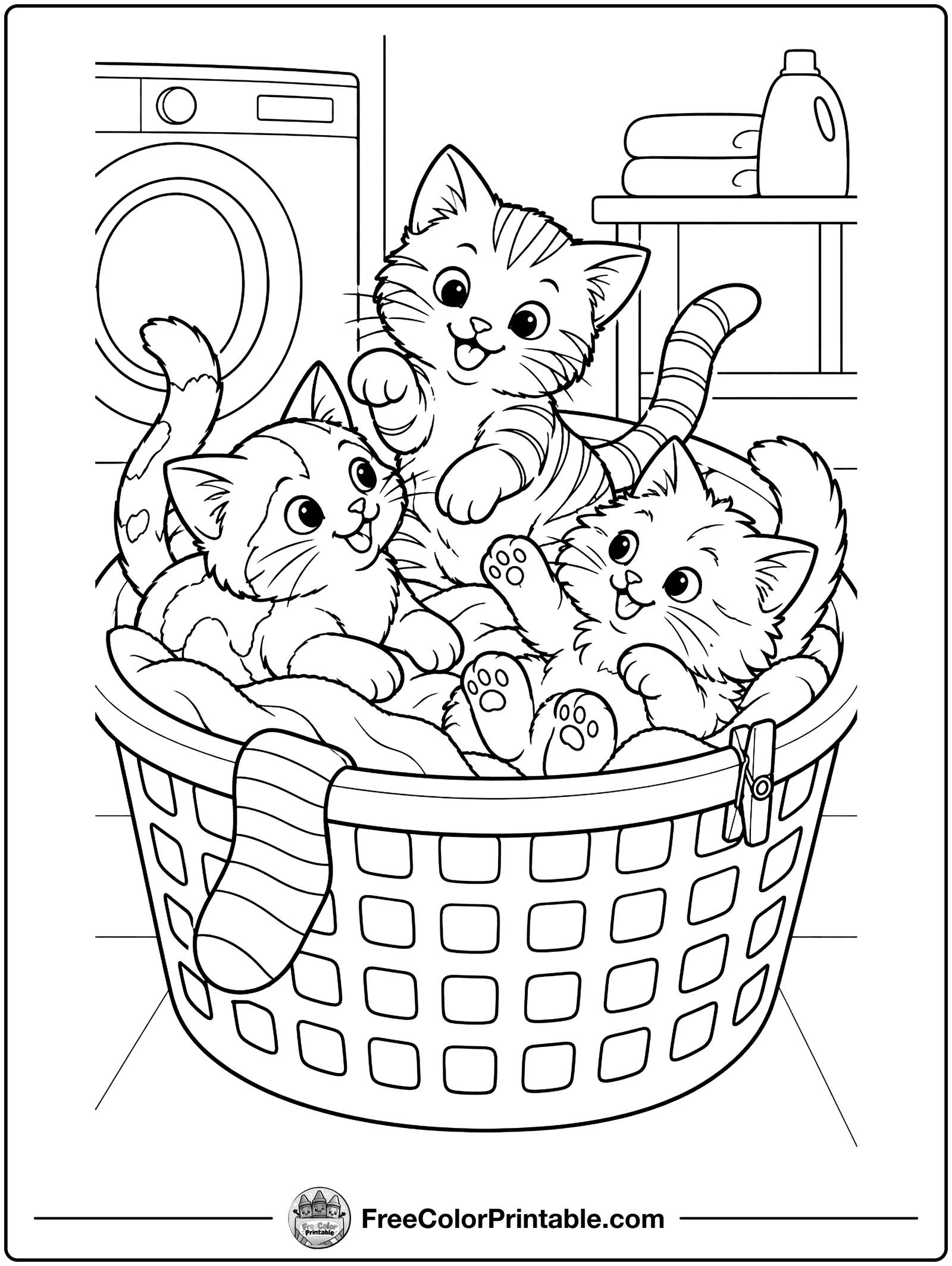 Kittens in a Laundry Basket Coloring Page — free color printable