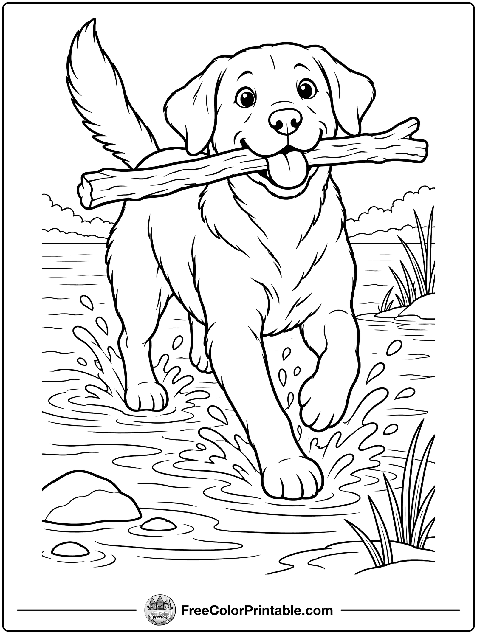 Labrador Fetching a Stick Coloring Page — free color printable